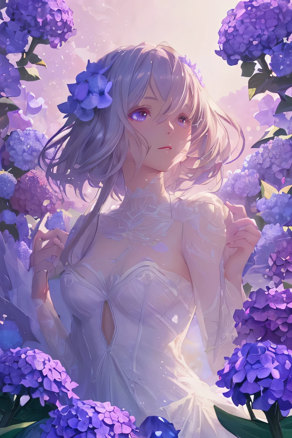Aster's work inspired by hydrangea, ((highest quality)), High resolution, 8k, Cinematic Light, High Contrast, Written boundary depth, Strong brilliance, Detailed Background, One Girl, cute, fine grain, Shining Eyes, Detailed Iris,
