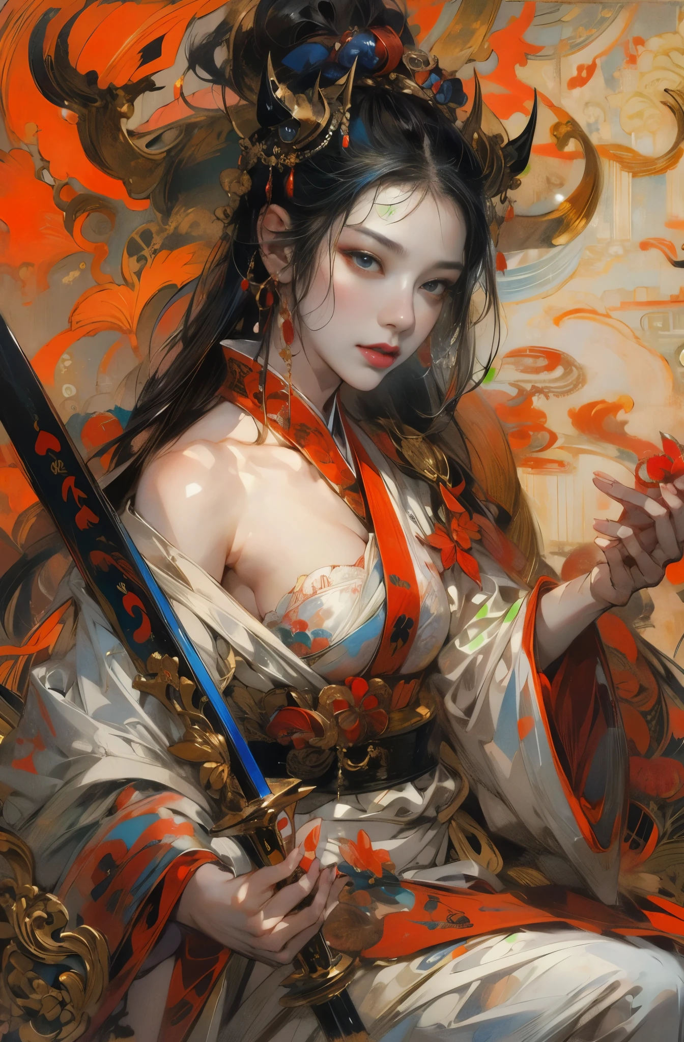 Beautiful demon painting, Demon woman with a Japanese sword, A strong female warrior, fencer, Bodyguard, gambling, Beautiful black-haired demon, Beautiful red kimono, Oiran, The highest ranking prostitute, Ghost Girl, Female Yakuza, Swordmaster, Inspired by Chen Yifei, Works that influenced Francesco Hayes, Inspired by Hendrik Terbruggen, Jean＝Works that influenced Auguste Dominique Ingres, Inspired by Liu Jun, Jean＝Works that influenced Auguste Dominique Ingres, highest quality, The perfect angle, Perfect composition, Best Shot, Official Art, Cinematic Light, Figurative art, Beautiful and expressive paintings, Beautiful artwork illustration, wonderful, Cool Beauty, clear, Mysterious, highest quality, Official Art, Perfect composition,The perfect angle, Best Shot, Female Solo, Sharp contours, pretty much beautiful face, Five fingered hand, demon of kyoto, Lord of the Demons, A cold and heartless demon woman, Demon Queen, Female Yakuza, Full Body Tattoo, wide, Rashomon, Close-up
