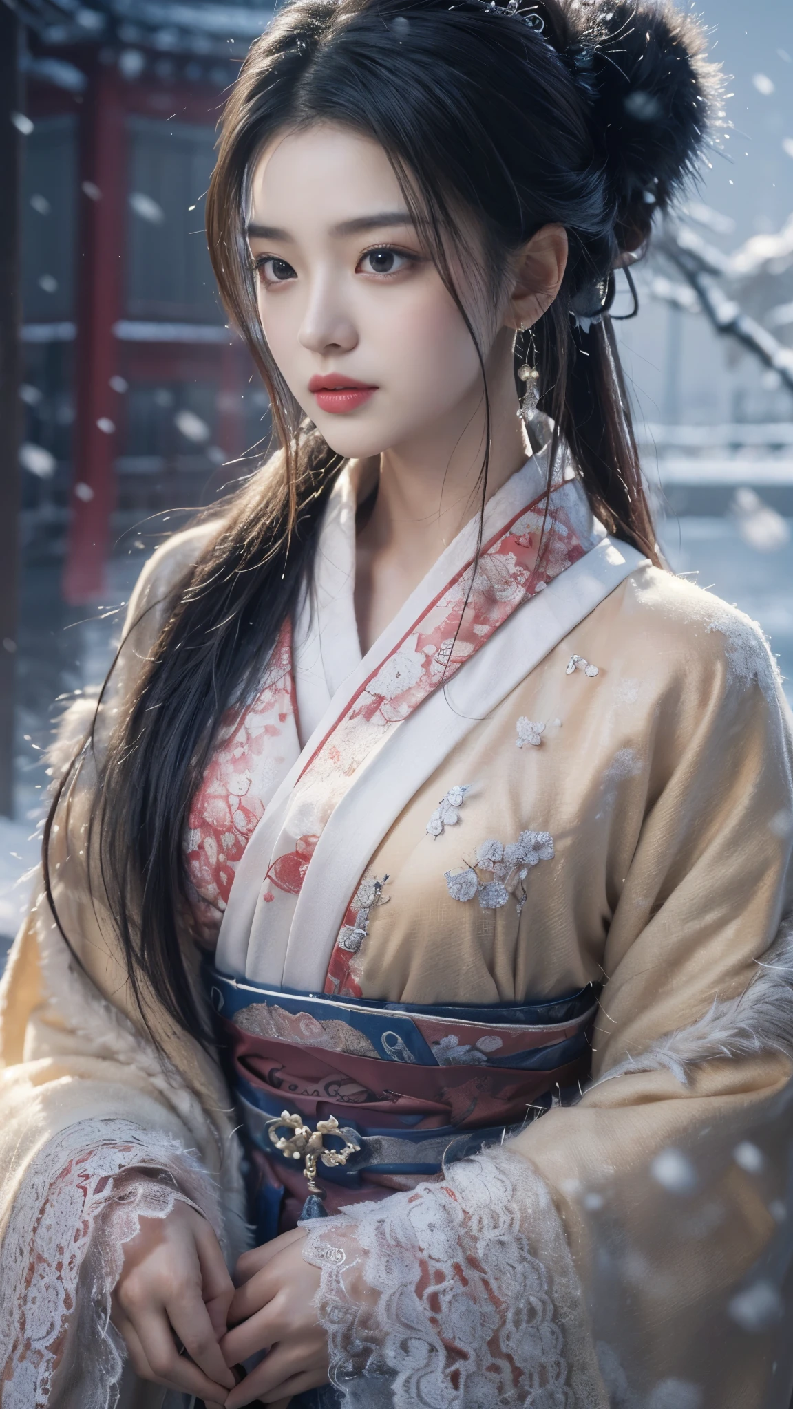 best quality， masterpiece， high resolution，8k，（Realistically：1.4），1 girl，(Black transparent， Lace)，(Ultra-realistic skin maps)， Ultra Detailed， Surreal， Highly detailed CG illustrations， official art， Movie Lighting， Practical， Young beautiful girl， Perfect body， Perfect body， Full view， Perfect body，enjoy expression，（Start from below：1.3）， Sexy pose， Sexy long legs， confidence， Beautiful and sexy， (Gorgeous Chinese Hanfu，cropped shoulder，S-Shape Pose， blush， Chapped lips， View Viewer ， half body shot ， (fur-edged cloak) ，(Chinese pavilions)，It snowed heavily，The ground is covered with snow，