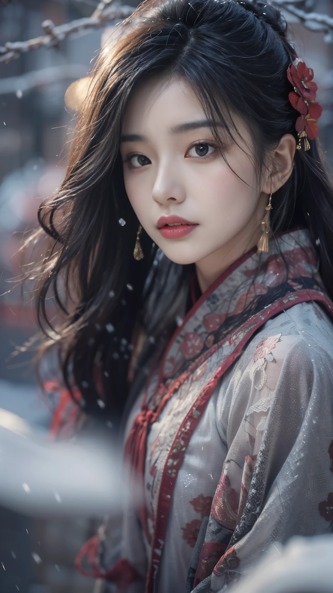 best quality， masterpiece， high resolution，8k，（Realistically：1.4），1 girl，(Black transparent， Lace)，(Ultra-realistic skin maps)， Ultra Detailed， Surreal， Highly detailed CG illustrations， official art， Movie Lighting， Practical， Young beautiful girl， Perfect body， Perfect body， Full view， Perfect body，enjoy expression，（Start from below：1.3）， Sexy pose， Sexy long legs， confidence， Beautiful and sexy， (Gorgeous Chinese Hanfu，cropped shoulder，S-Shape Pose， blush， Chapped lips， View Viewer ， half body shot ， (fur-edged cloak) ，(Chinese pavilions)，It snowed heavily，The ground is covered with snow，