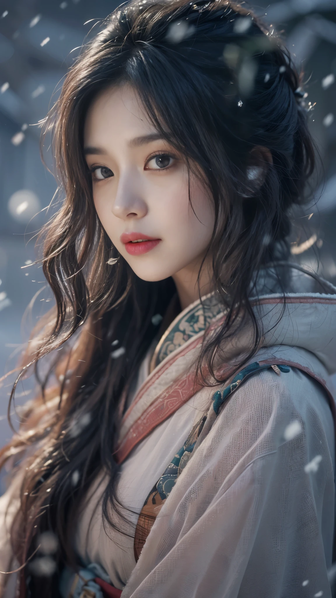 best quality, masterpiece, high resolution,8k,(Realistically:1.4),1 girl,(Black transparent, Lace),(Ultra-realistic skin maps), Ultra Detailed, Surreal, Highly detailed CG illustrations, official art, Movie Lighting, Practical, Young beautiful girl, Perfect body, Perfect body, Full view, Perfect body,enjoy expression,(Start from below:1.3), Sexy pose, Sexy long legs, confidence, Beautiful and sexy, (Gorgeous Chinese Hanfu,cropped shoulder,S-Shape Pose, blush, Chapped lips, View Viewer , half body shot , (fur-edged cloak) ,(Chinese pavilions),It snowed heavily,The ground is covered with snow,