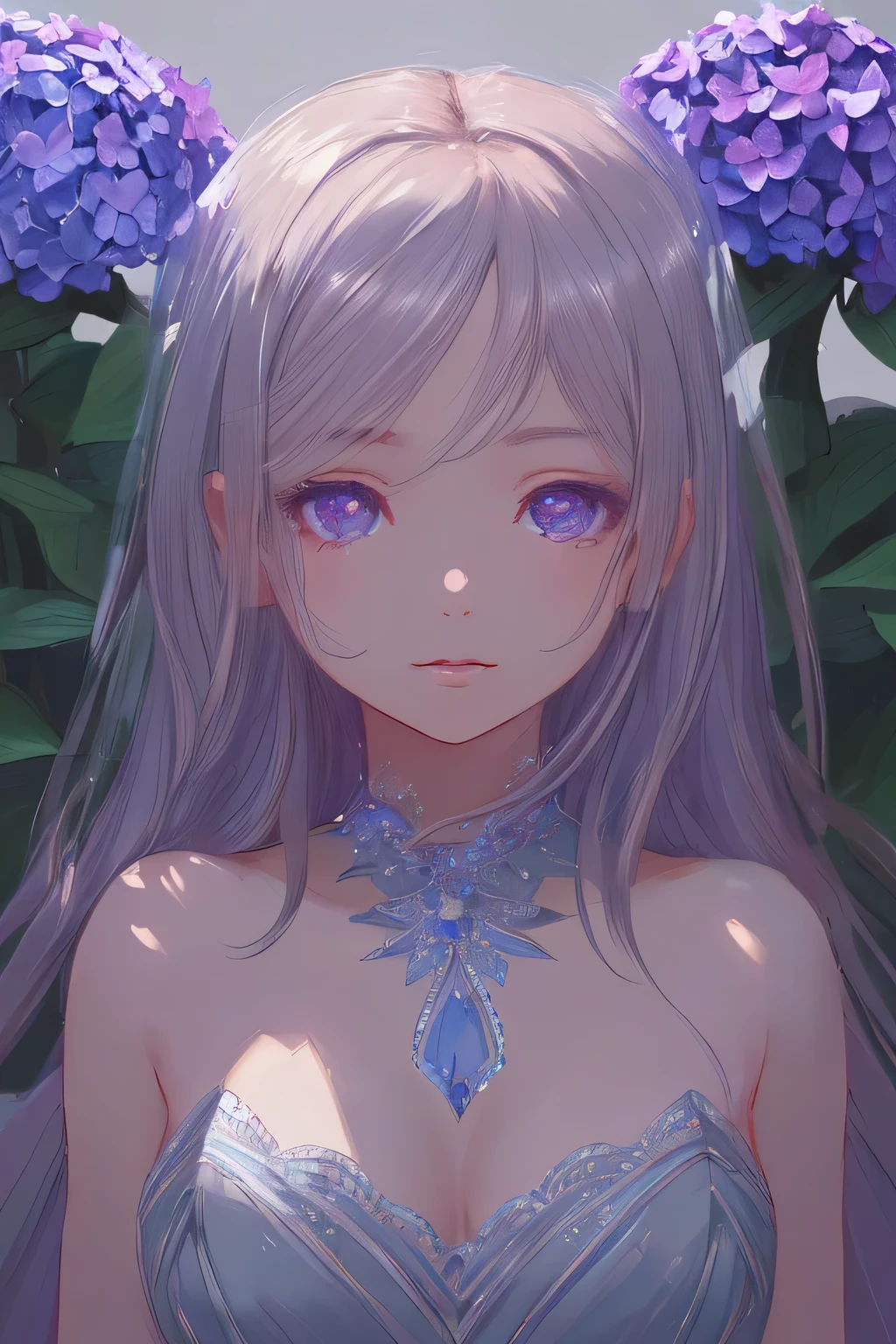 Aster's work inspired by hydrangea, ((highest quality)), High resolution, 8k, Cinematic Light, High Contrast, Written boundary depth, Strong brilliance, Detailed Background, One Girl, cute, fine grain, Shining Eyes, Detailed Iris,