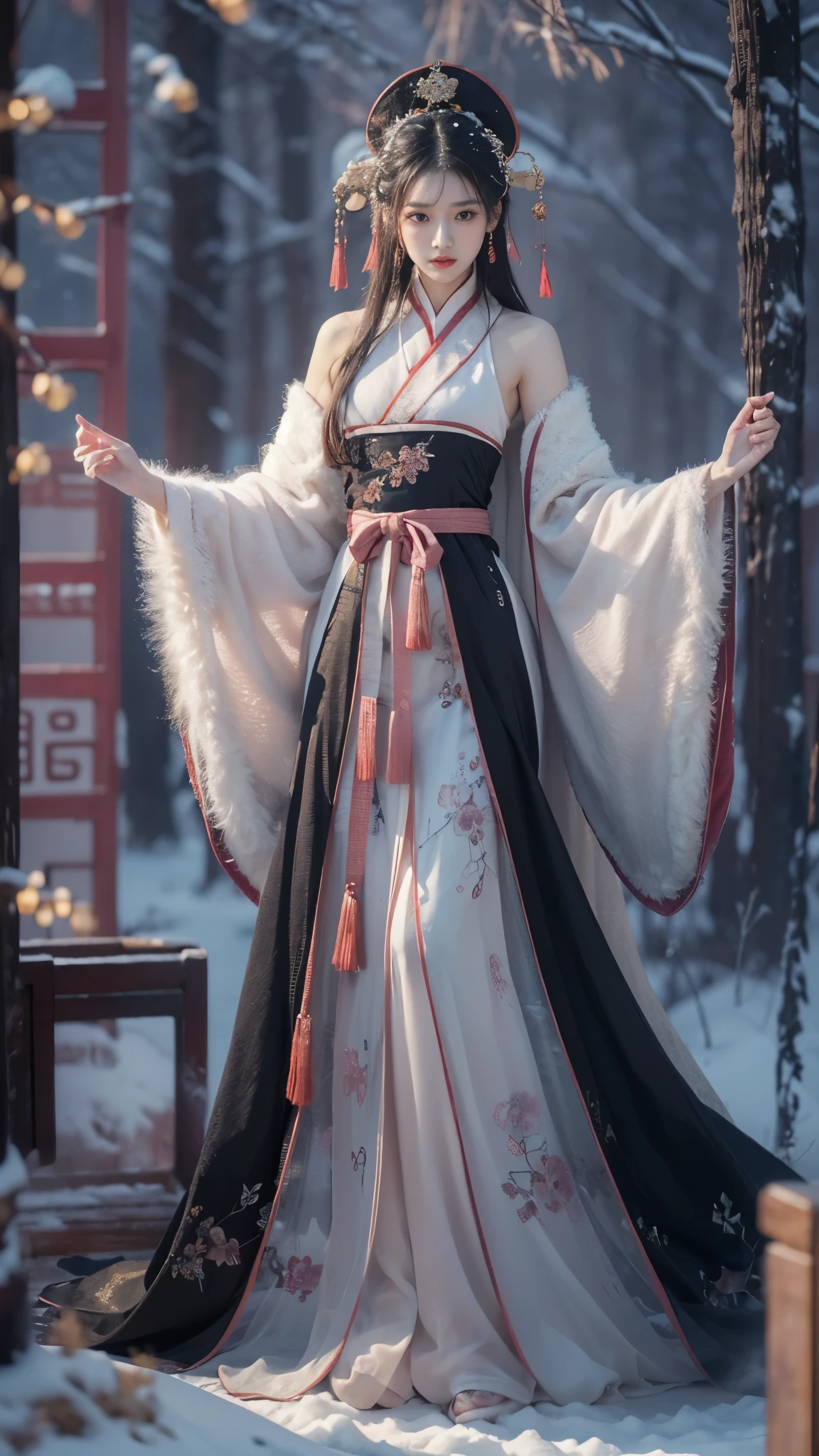 best quality, masterpiece, high resolution,8k,(Realistically:1.4),超high resolution,1 girl,(Black transparent, Lace),(Ultra-realistic skin maps), Ultra Detailed, Surreal, Highly detailed CG illustrations, official art, Movie Lighting, Practical, Young beautiful girl, Perfect body, Perfect body, Full view, Perfect body,enjoy expression,(Start from below:1.3), Sexy pose, Sexy long legs, confidence, Beautiful and sexy, (Gorgeous Chinese Hanfu,cropped shoulder,S-Shape Pose, blush, Chapped lips, View Viewer , half body shot , (fur-edged cloak) ,(Chinese pavilions),It snowed heavily,The ground is covered with snow,