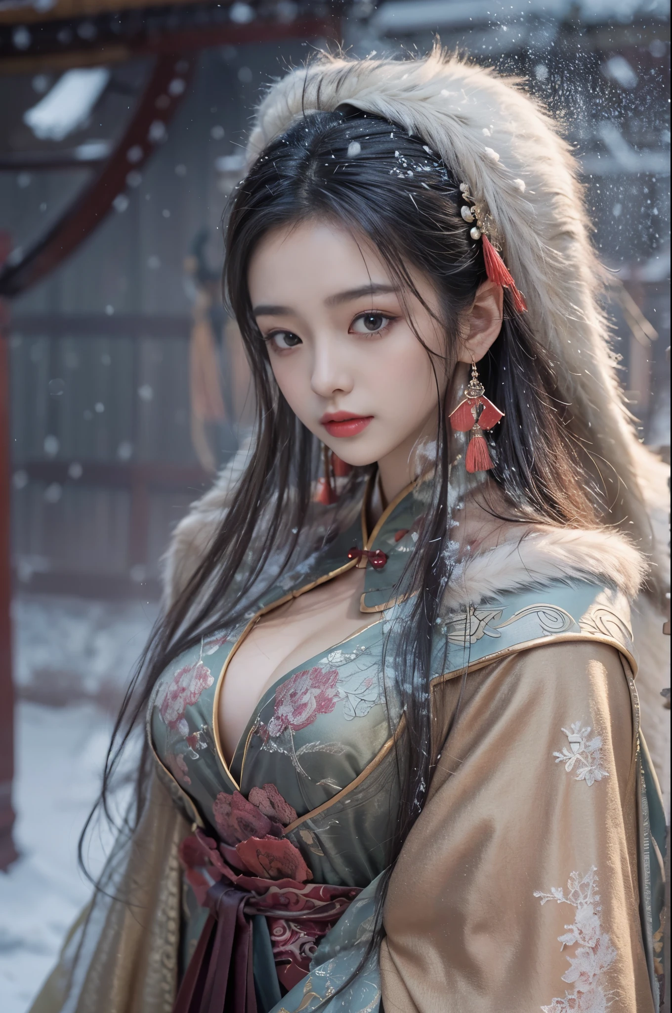 best quality, masterpiece, high resolution,8k,(Realistically:1.4),超high resolution,1 girl,(Black transparent, Lace),(Ultra-realistic skin maps), Ultra Detailed, Surreal, Highly detailed CG illustrations, official art, Movie Lighting, Practical, Young beautiful girl, Perfect body, Perfect body, Full view, Perfect body,enjoy expression,(Start from below:1.3), Sexy pose, Sexy long legs, confidence, Beautiful and sexy, (Gorgeous Chinese Hanfu,cropped shoulder,S-Shape Pose, blush, Chapped lips, View Viewer , half body shot , (fur-edged cloak) ,(Chinese pavilions),It snowed heavily,The ground is covered with snow,