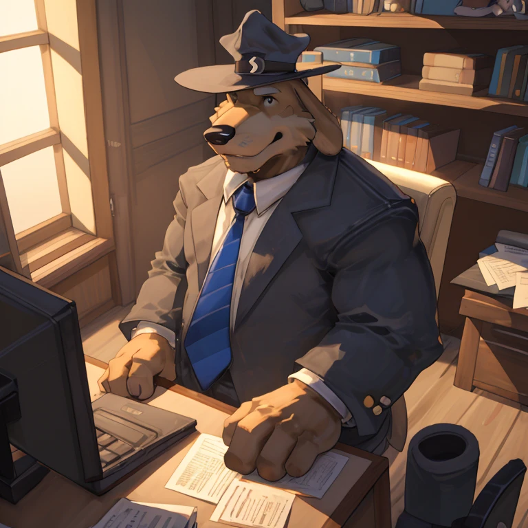 Male, solo, full body, mature, chubby, floppy ears, blue grey suit, hat, sitting in chair, at desk, coffee mug on desk, in office, three-quarter angle