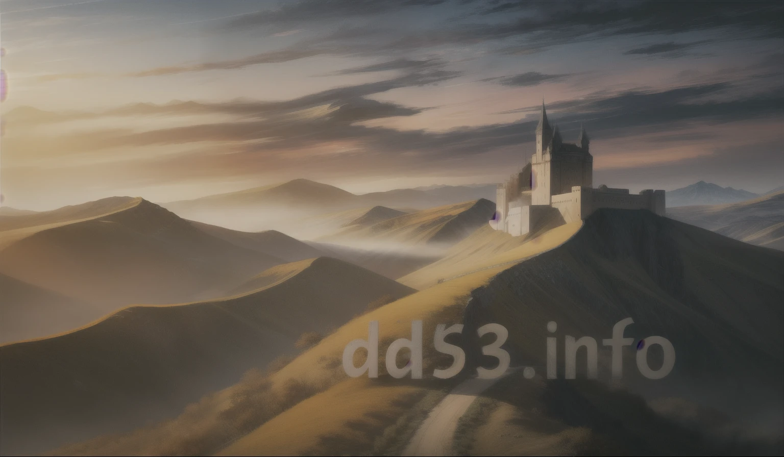 A fantasy painting,Depicts distant epic mountains in a dry valley, High Detail, 4K, HDR, Mounds and Bailey Castles, landscape, In-depth contrast, Rich colors, masterpiece, Duckworth, Borderless, desert, chili, Africa