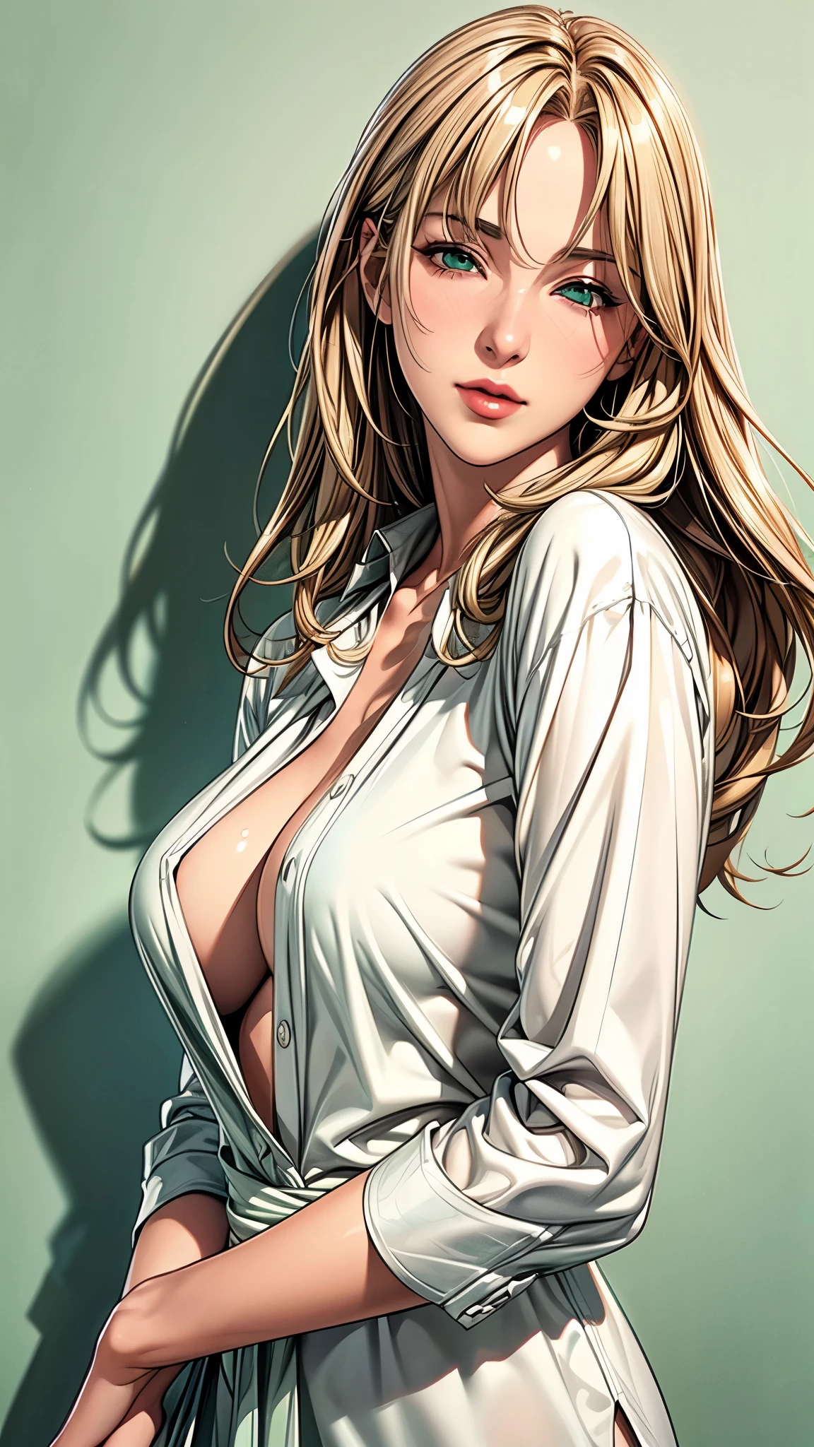 (best quality, high resolution), portrait, Upper Body, Cool adult woman, Side Bangs, Long straight blonde hair, Green eyes, naked shirt, Large Breasts, Plain Wall, Super detailed CG, Detailed face, Delicate eyes, Detailed clothes, Super high quality skin, High quality hair, fine hair