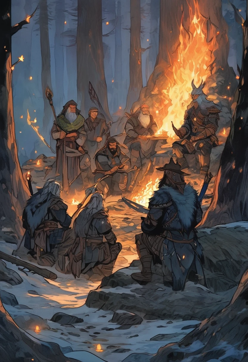 masterpiece, best quality, ultra detailed, ultra high res, 8k, anime illustration, In the depths of a mystical forest, a of four brave adventurers huddles around a crackling campfire, seeking warmth and respite from the chill of the night. The flames dance in mesmerizing patterns, casting flickering shadows upon the faces of the members. The stoic warrior sits with their back to a gnarled tree, sharpening their blade while keeping a vigilant watch over their companions. Beside them, the nimble rogue tends to their gear, deftly checking traps and ensuring their stealthy tools are ready for the next encounter. Across the fire, the wise mage sits in quiet contemplation, studying ancient tomes by the soft glow of the flames, harnessing the arcane energies that flow through the surrounding wilderness. And at the heart of the group, the compassionate healer tends to the wounds of their comrades, their gentle touch and soothing words offering solace amidst the dangers of their quest. Together, they share tales of past adventures and dreams of the challenges yet to come, finding strength and camaraderie in the bonds forged by their shared journey. Above them, the stars twinkle in the night sky, a reminder of the vast world awaiting their exploration and the countless mysteries yet to be uncovered.