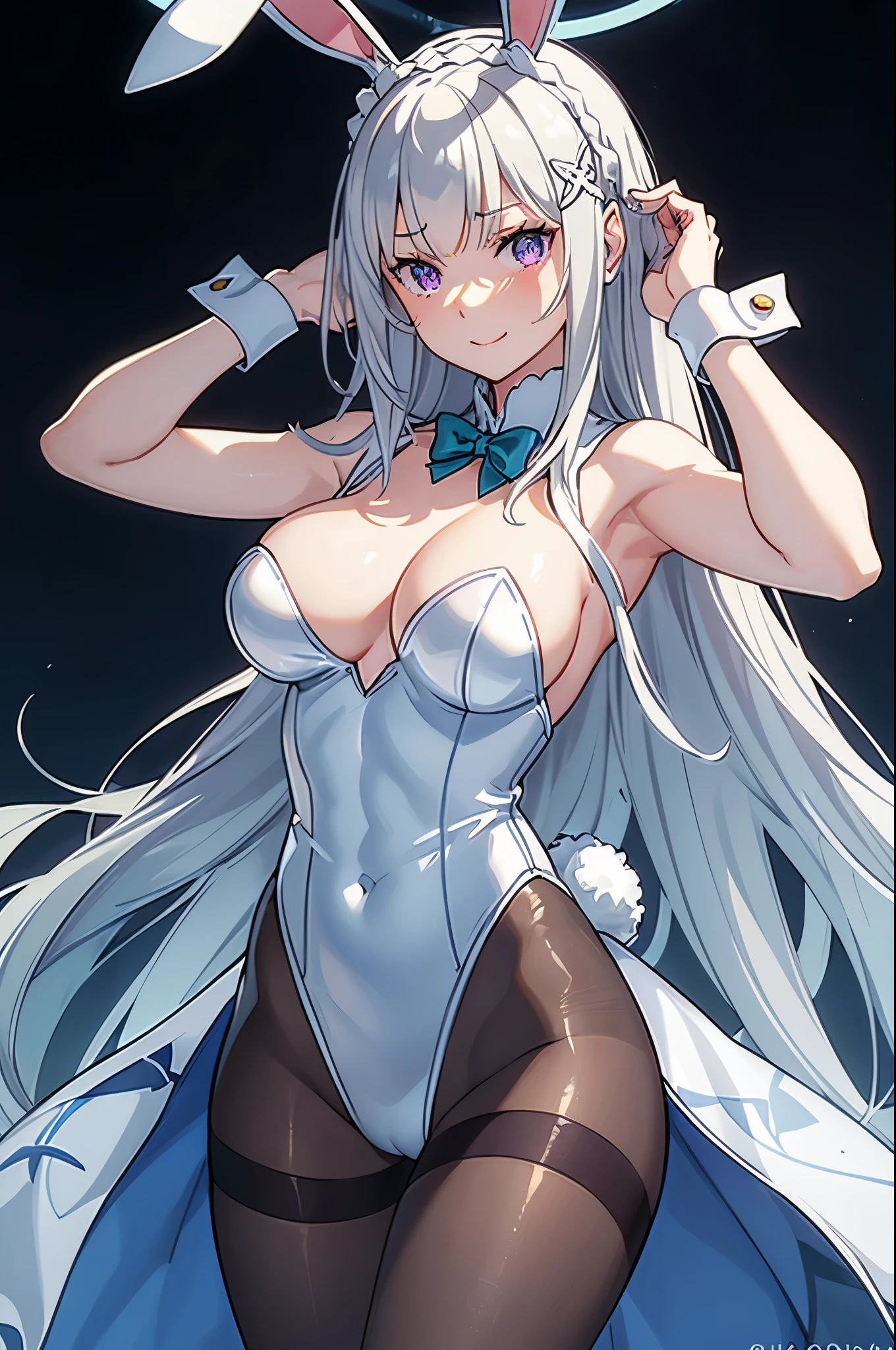 (best quality, masterpiece, highres tyndall effect,photorealistic, dark studio, rim lighting, two tone lighting,(high detailed skin:1.2), Emilia re:zero, purple eyes, Emilia, crown braid, x hair ornament, flower hair ornament, white hair, long hair, medium breasts, 8k uhd, dslr, soft lighting, high quality, volumetric lighting, candid, Photograph, high resolution, 4k, 8k),, 1girl , animal ears , arms up , blush , bow , bowtie , detached collar , fake animal ears , fake tail , fishnet pantyhose , fishnets , halo , highleg leotard , large breasts , long hair , looking at viewer , mechanical halo , pantyhose , playboy bunny , purple eyes , rabbit ears , rabbit tail , simple background , smile , solo , strapless leotard , white leotard , wrist cuffs, noa (blue archive)