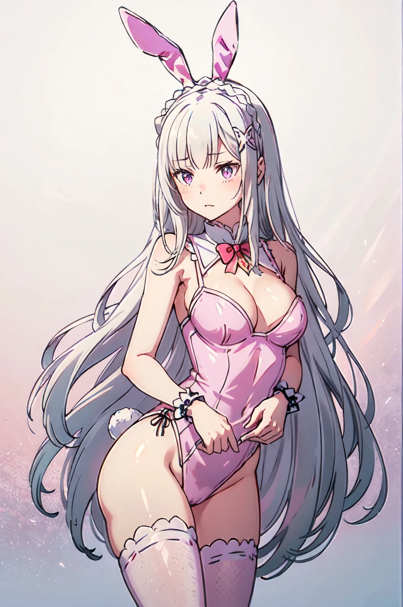 wearing bunny outfit, cowboy shot, pink to white (gradient clothes:1.3),, ultra detailed, masterpiece, best quality, aesthetic, detailed,, serious, 1girl,  Emilia re:zero, purple eyes, Emilia, crown braid, x hair ornament, flower hair ornament, white hair, long hair, medium breasts,