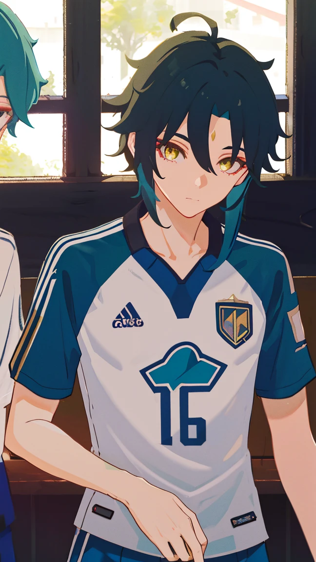 2 boys,dark green hair,highest quality,masterpiece,excessive,male focus,yellow eyes,beautiful eyes,beautiful boy,School,between men,Spouse,soccer club members,Blue soccer uniform,soccer,high school,soccer uniform,blue clothes,soccer court,teammate,same clothes,shoulder to shoulder,feminine,good friend,best image quality,