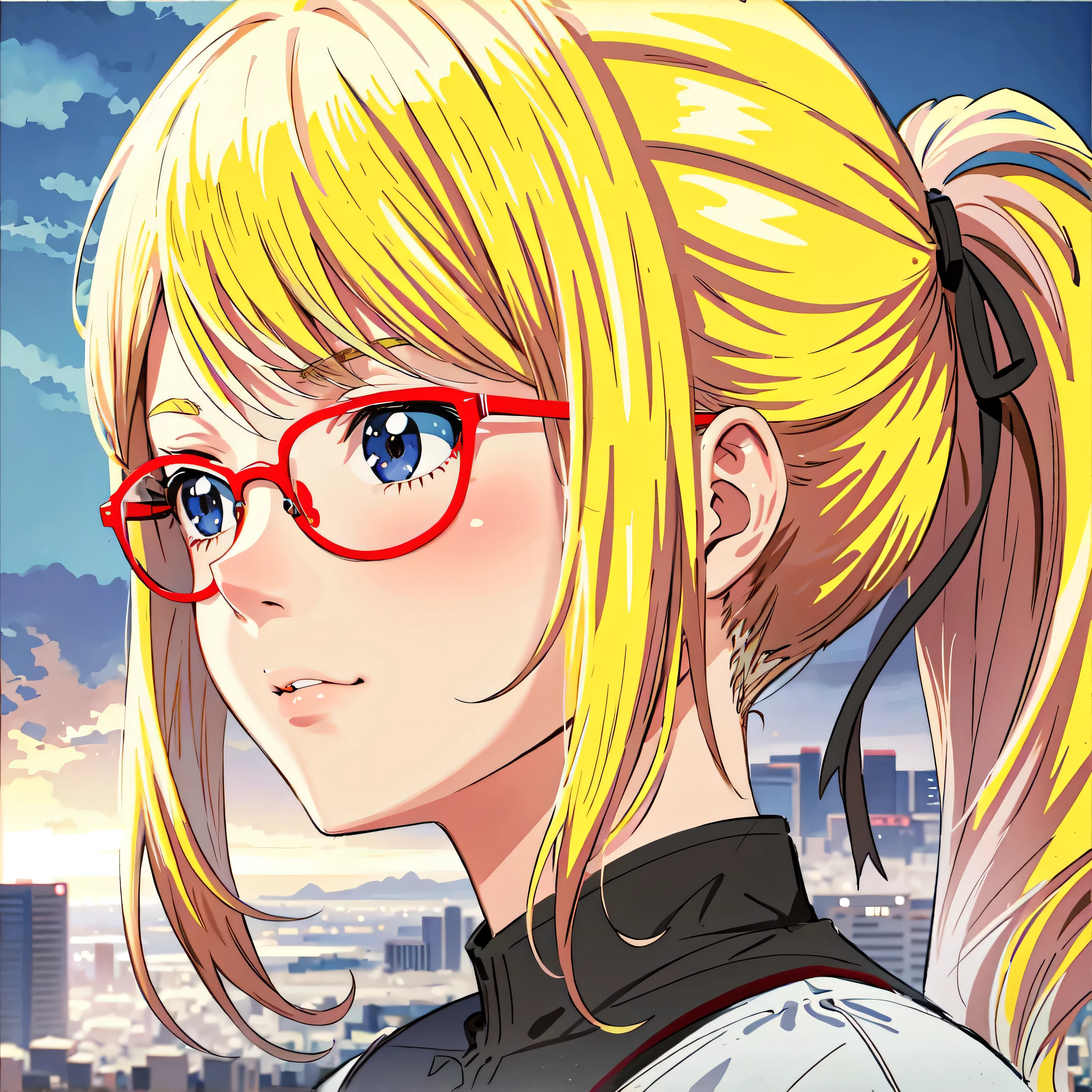 blond haired girl with red glasses and ponytail in front of a city, anime style portrait, portrait of a female anime hero, semirealistic anime style, clean detailed anime style, realistic anime artstyle, anime portrait of shiina ringo, in anime style, anime style character, portrait anime girl, painted in anime painter studio, realistic young anime girl, in an anime style