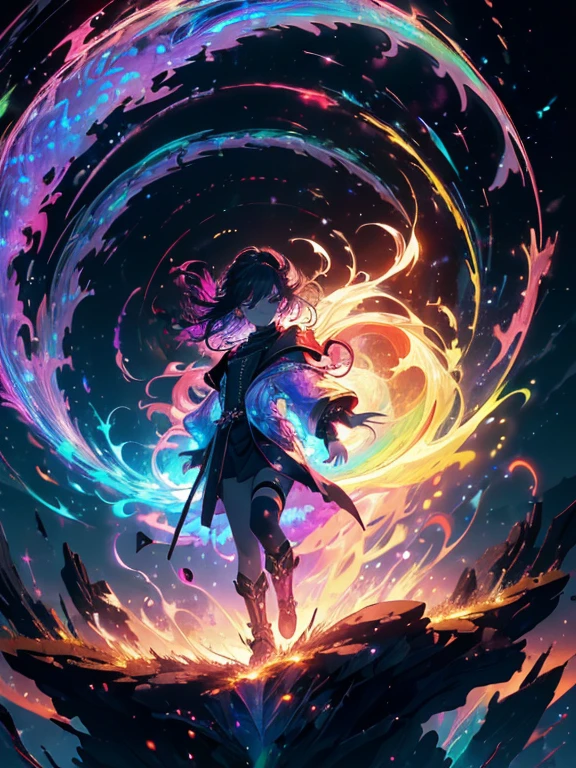 Wu-kong, Red eyes, golden features, dragon staff, golden clouds, full body, imposing, death flowers, deep black tones, {extremely detailed 8k CG unit wallpaper}, expansive landscape photography, ( a view from below focusing on the character and setting), (wide open field view), (low angle shot), (high light: 1.7), (low light: 1.3), (warm light source: 1.5) , complex details, (iridescent colors: 1.6), (bright lighting), (atmospheric lighting), Surreal, dreamy, magical
