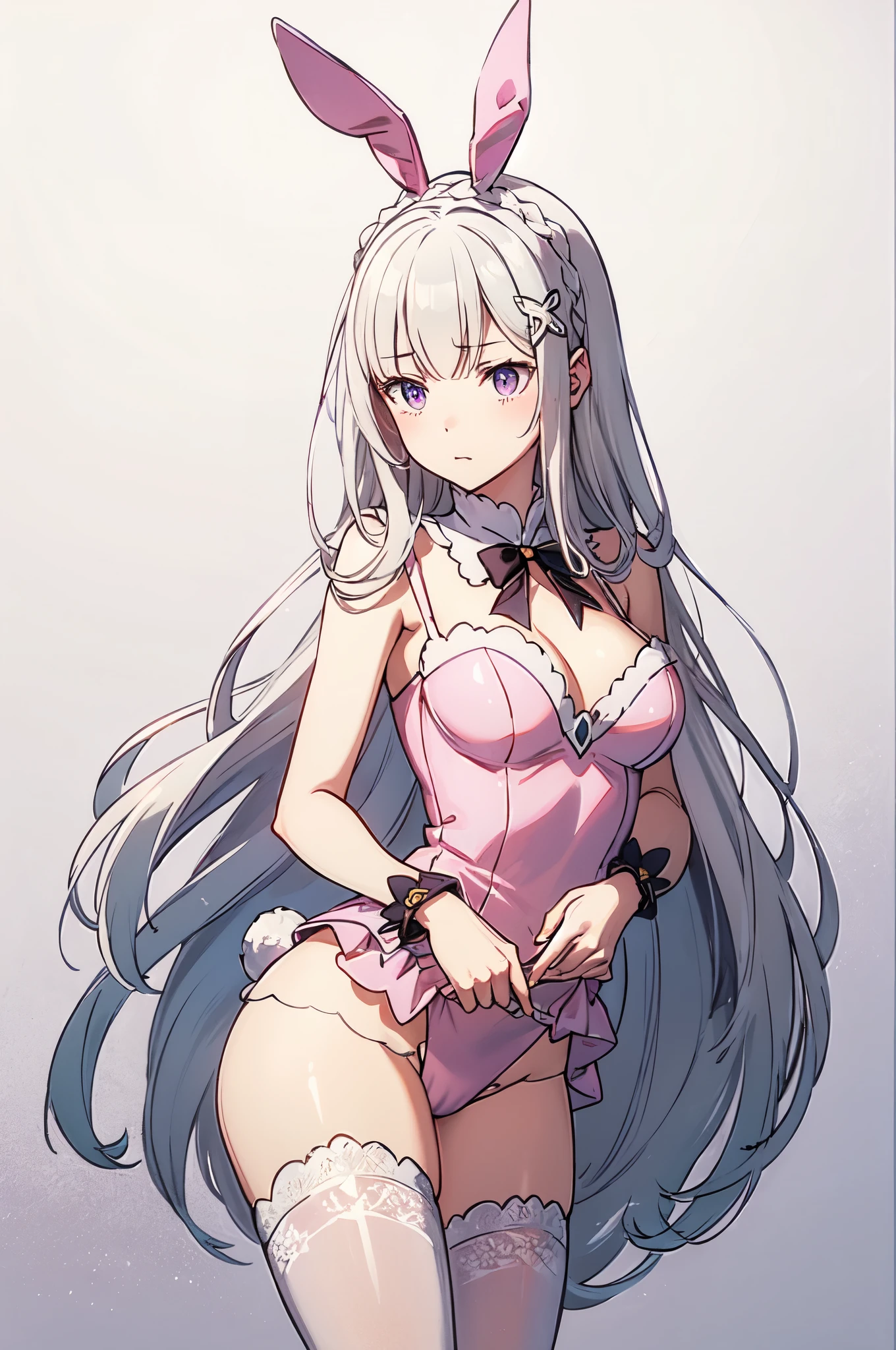 wearing bunny outfit, cowboy shot, pink to white (gradient clothes:1.3),, ultra detailed, masterpiece, best quality, aesthetic, detailed,, serious, 1girl,  Emilia re:zero, purple eyes, Emilia, crown braid, x hair ornament, flower hair ornament, white hair, long hair, medium breasts,