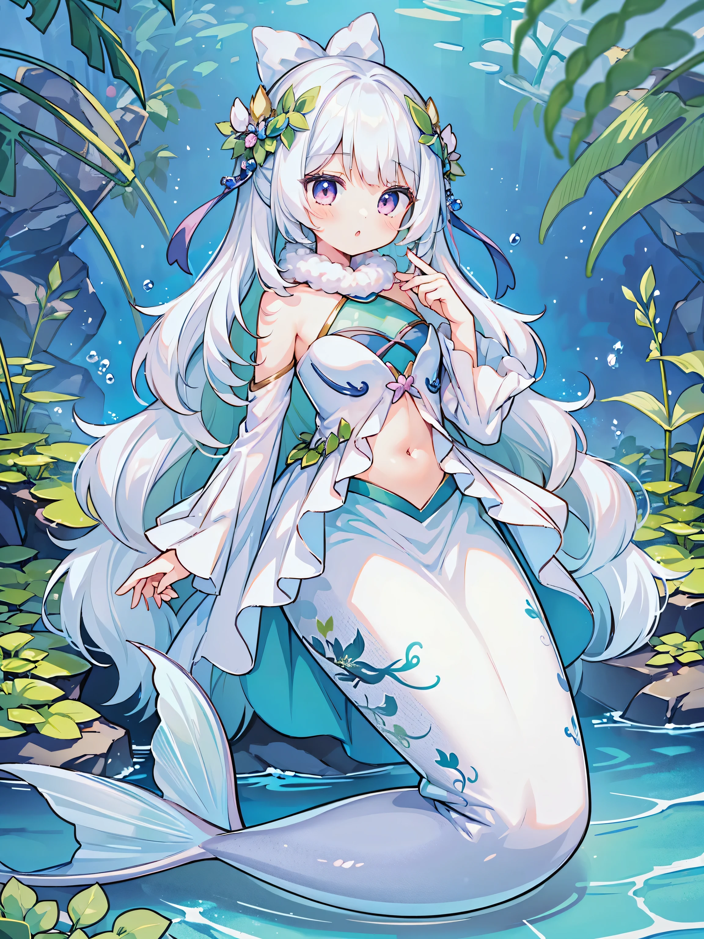 masterpiece, best quality(Full fingers),A girl,Mermaid,White hair,White Mermaid Tail,full-body shot,Get posed,Sea view,charming face(Kawaii, charming,Soft)