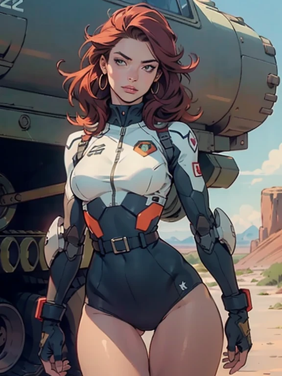 1woman 20 years old, military, beautiful, perfect body, realistic, red hair, perfect body, thin waist, , large breasts, slim thighs, desert background, armored vehicle, flying fighters, military robot dog, camouflaged uniform, wealth of details, tight panties, marking on the front, slender knees, highly detailed, high resolution, prefect hands, slender thighs, show knees, thigh gap, alert eyes