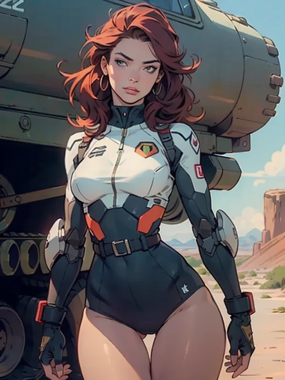 1woman 20 years old, military, beautiful, perfect body, realistic, red hair, perfect body, thin waist, , large breasts, slim thighs, desert background, armored vehicle, flying fighters, military robot dog, camouflaged uniform, wealth of details, tight panties, marking on the front, slender knees, highly detailed, high resolution, prefect hands, slender thighs, show knees, thigh gap, alert eyes