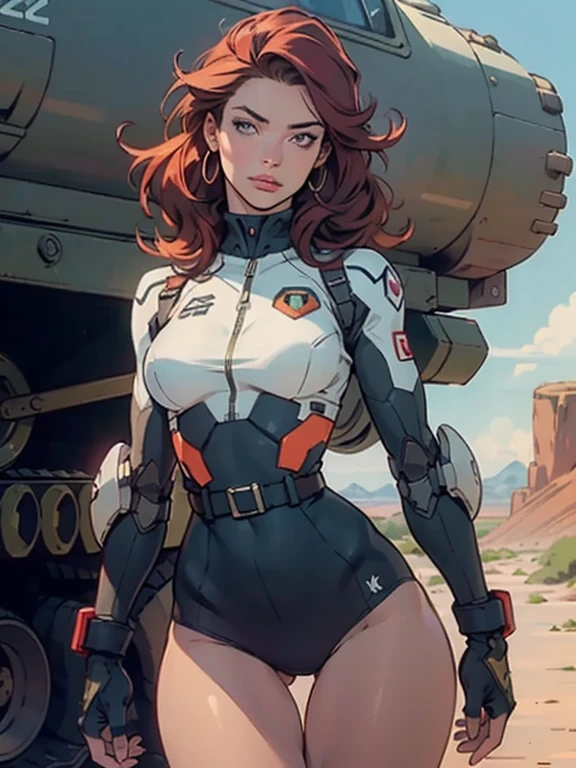 1woman 20 years old, military, beautiful, perfect body, realistic, red hair, perfect body, thin waist,  , large breasts, slim thighs, desert background, armored vehicle, flying fighters, military robot dog, camouflaged uniform, wealth of details, tight panties, marking on the front, slender knees, highly detailed, high resolution, prefect hands, slender thighs, show knees, thigh gap, alert eyes