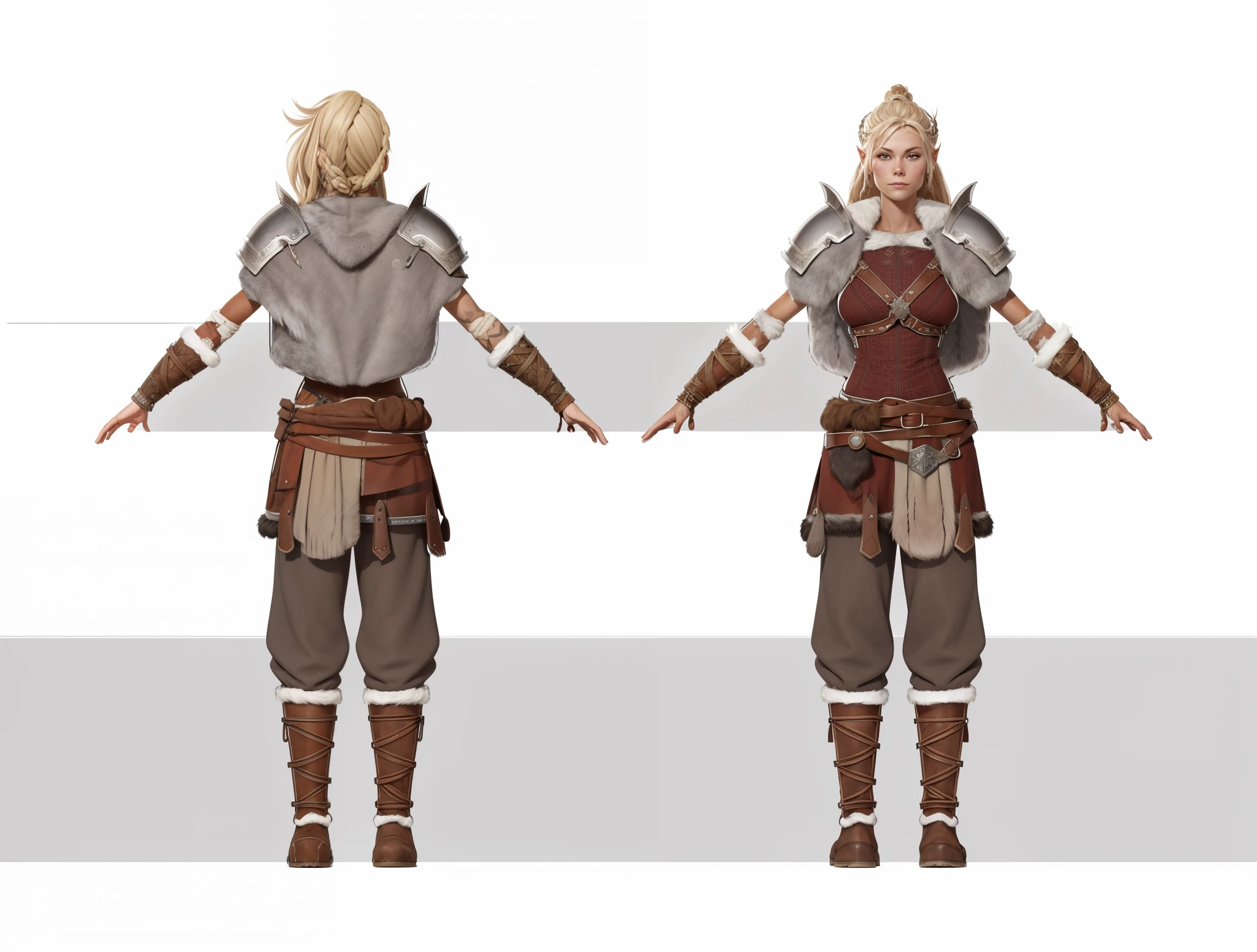 ( Realistic:1.33),(masterpiece:1.1),(highest quality:1.1),(HDR:1) a close up of a Viking woman warrior wearing armor and fur coat , full body concept, detailed full body concept, Young Viking female with a long braid, Viking style, Teenage Viking protective maiden, Portrait of a Viking, Viking warrior, Viking culture, Nordic warrior, Viking costume, Ancient Viking warrior, Elven blond warrior, Epic Viking Queen , wearing Viking clothing, Female Viking, with Machado, Nordic inspiration, Viking and Templar aesthetics, full body character concept,costume concept design, full body details, detailed full body concept art, full character body, character model sheet turnaround, fullbody shot turnaround, concept character sheet, full body concept art, reference model sheet , full body concept art, RPG style character, game character design, 3d character reference sheet, video game character concept, detailed character design, character sheet, character model sheet turnaround , front and back, front and back, grey clean background, 3D character, leather belt with leather knife bag, red loincloths, leather armband, leather boots with fur, leather bikini with black fur coat, red hem with fur.