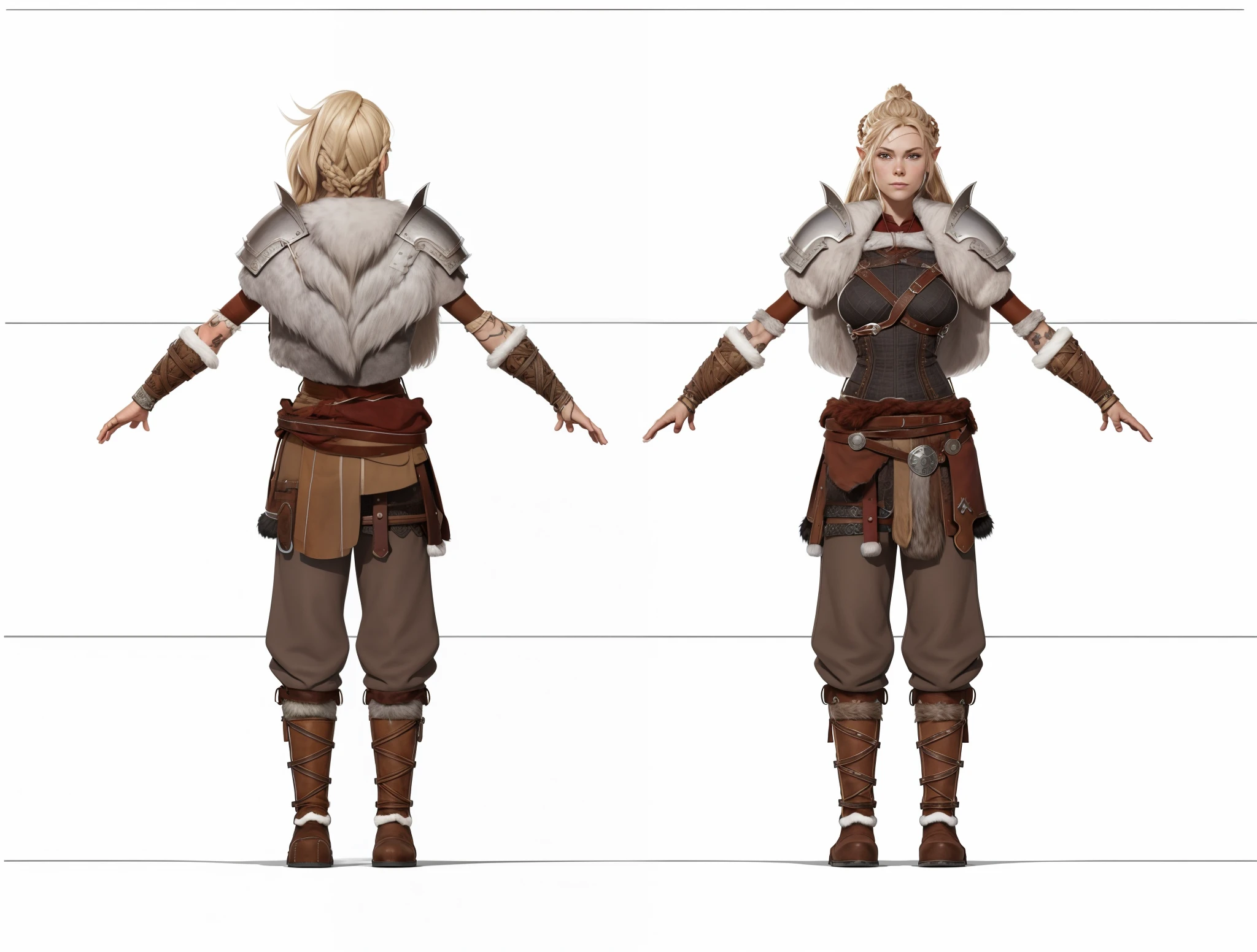 ( Realistic:1.33),(masterpiece:1.1),(highest quality:1.1),(HDR:1) a close up of a Viking woman warrior wearing armor and fur coat , full body concept, detailed full body concept, Young Viking female with a long braid, Viking style, age Viking protective maiden, Portrait of a Viking, Viking warrior, Viking culture, Nordic warrior, Viking costume, Ancient Viking warrior, Elven blond warrior, Epic Viking Queen , wearing Viking clothing, Female Viking, with Machado, Nordic inspiration, Viking and Templar aesthetics, full body character concept,costume concept design, full body details, detailed full body concept art, full character body, character model sheet turnaround, fullbody shot turnaround, concept character sheet, full body concept art, reference model sheet , full body concept art, RPG style character, game character design, 3d character reference sheet, video game character concept, detailed character design, character sheet, character model sheet turnaround , front and back, front and back, grey clean background, 3D character, leather belt with leather knife bag, red loincloths, leather armband, leather boots with fur, leather bikini with black fur coat, red hem with fur.