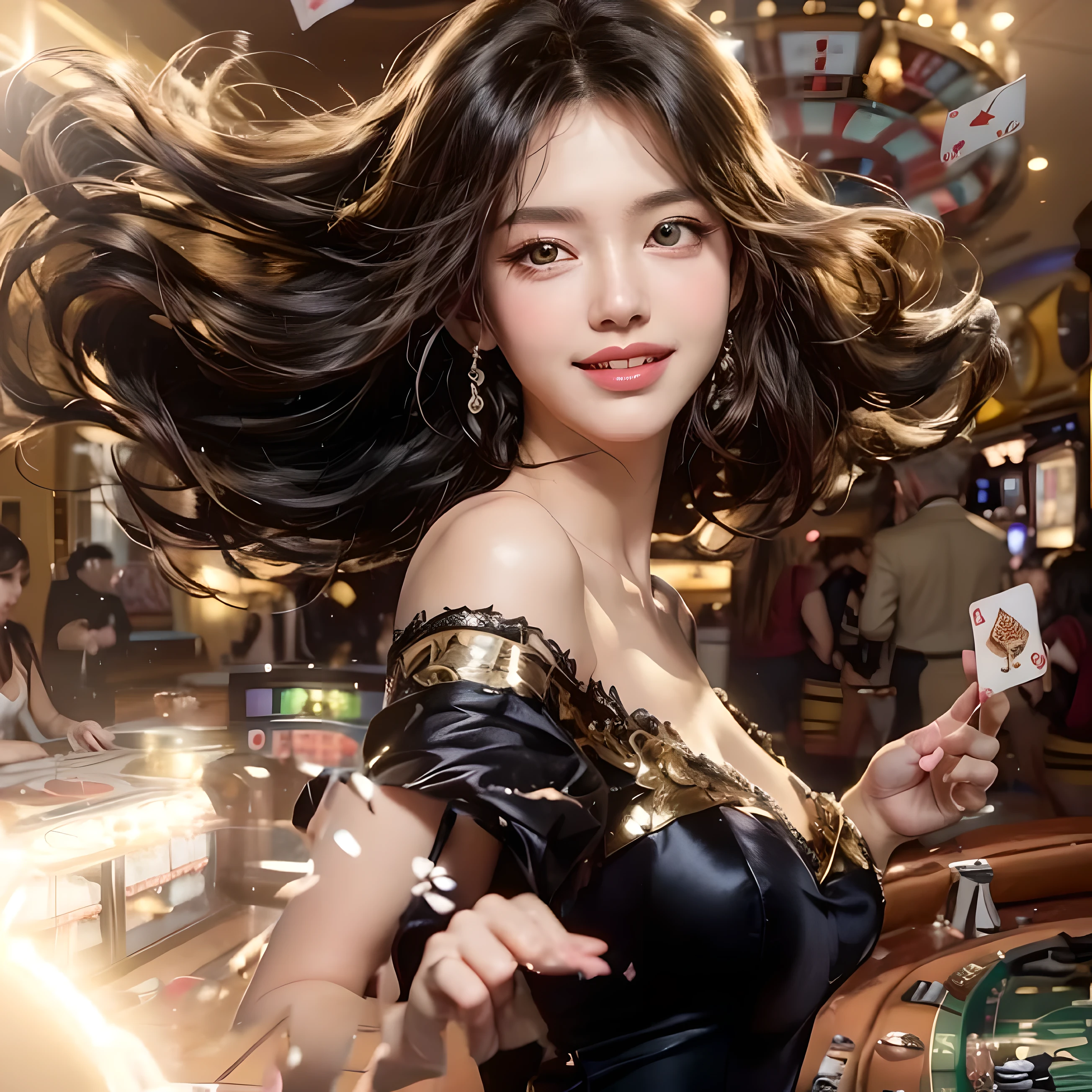 (photorealistic:1.4),8k,(masterpiece), best quality, highest quality, (detailed face:1.5),original,highres, unparalleled masterpiece, ultra realistic 8k, perfect artwork, ((perfect female figure)),mature female, milf, narrow waist, skinny,detailed skin, 1girl, solo, long hair, ((black prom dresses)), (floating hair:1.9), floating clothes, air bubble,full body, looking at viewer, ((casino background)), sparking smile, (((holding the 4 ace of cards in her left hand)))