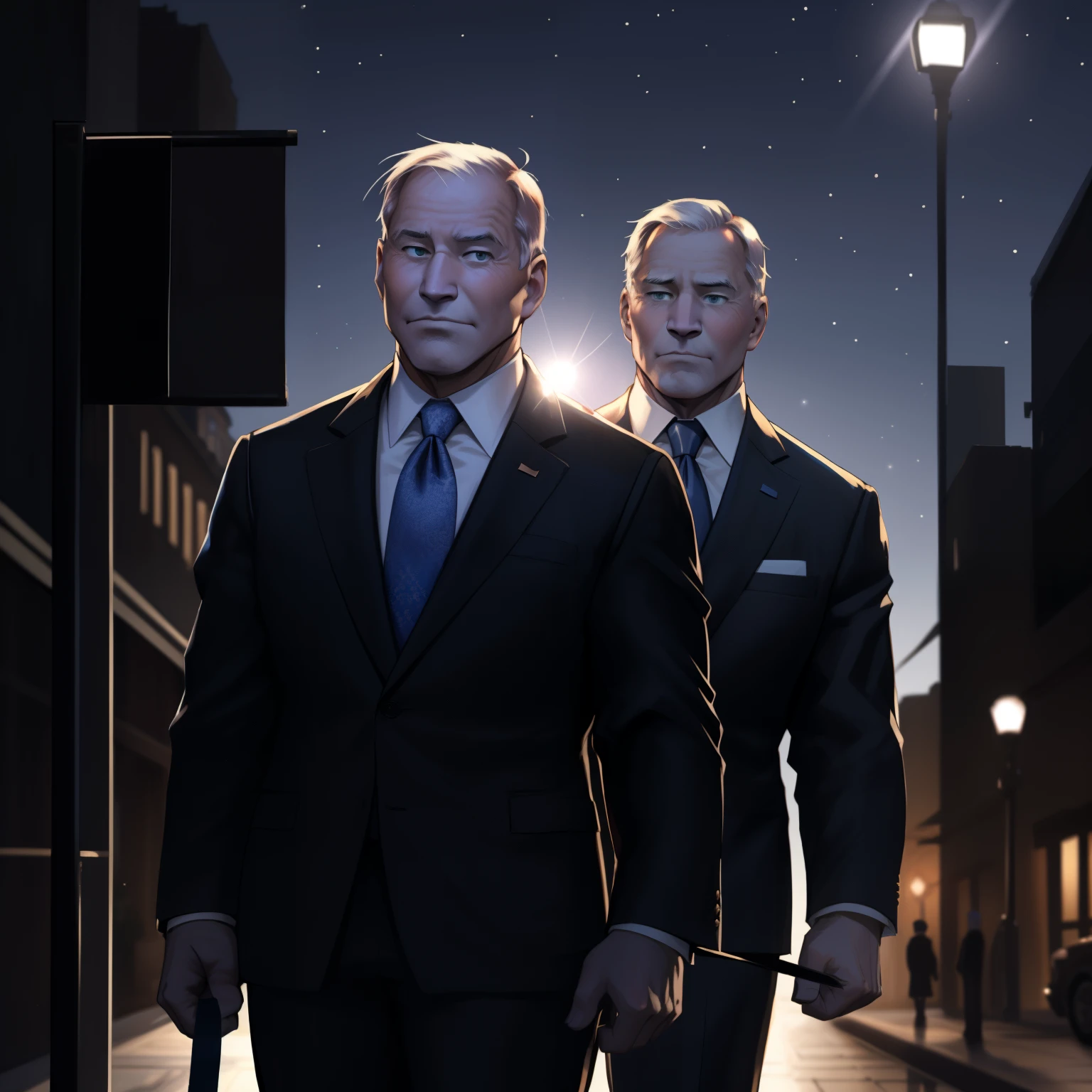 Intricate, high detail, dramatic, realism, male, Joe Biden, muscular build, politician, Benjamin Netanyahu, Israeli prime minister, detailed face with expressive features, holding a leash, night scene, dimly lit room, intense gaze, trending on ArtStation, masterpiece, highest quality, unreal engine, depth of field, subtle lens flare, Joe Biden wearing a suit and tie, Benjamin Netanyahu with a stern expression, detailed background of a cityscape or flag, by ArtisticAnomaly, by PoliticalPortraits, by PaintAndRender.