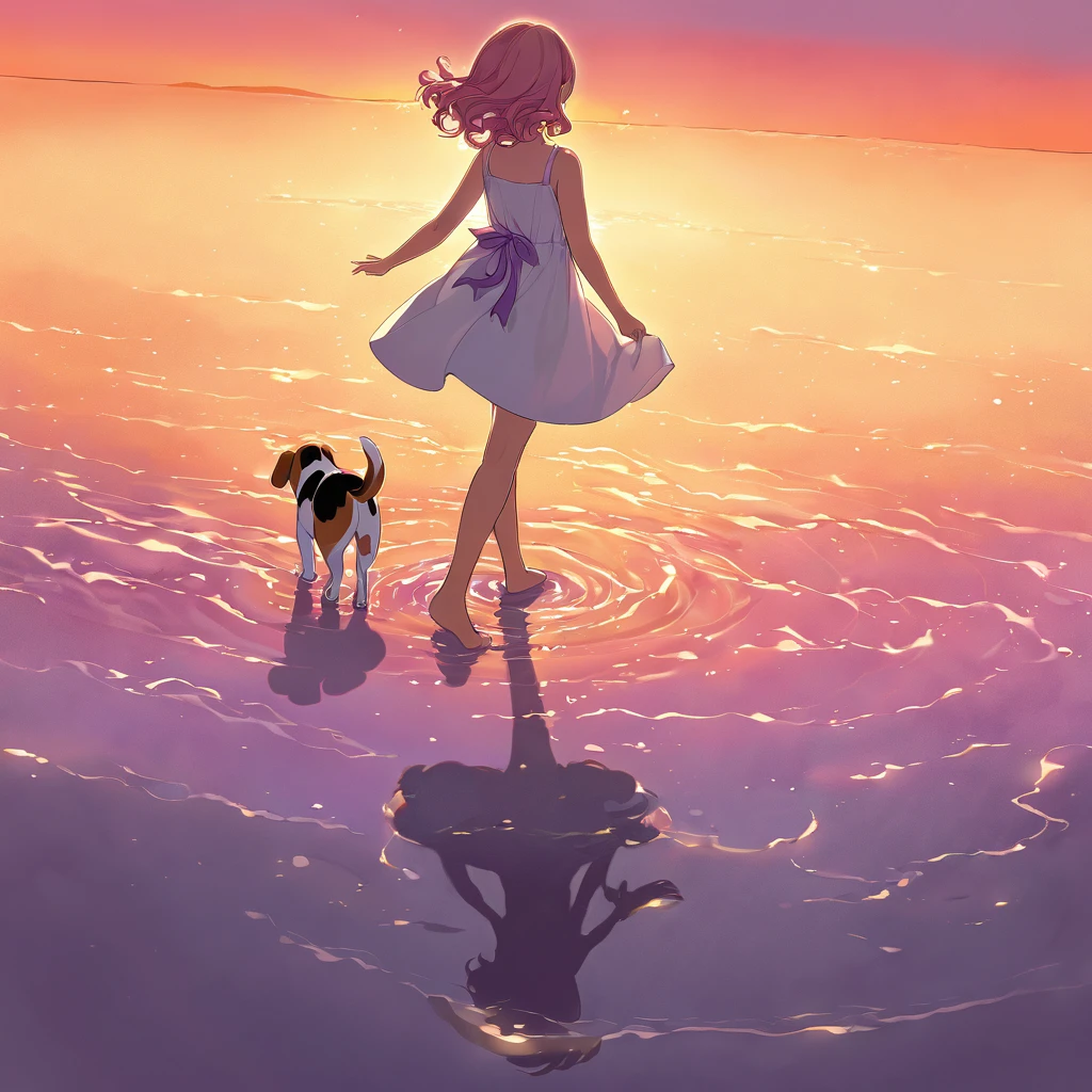 ChatGPT 3.5 Create an illustration for a children&#39;s book A girl with a beagle dog walks along the seashore, illuminated by the rays of the setting sun,
The sea is completely calm and there are not many ripples on the water. 


In the foreground is a young girl, walking along the shore. She has curly hair, loosely tied with ribbon, and she is dressed in light, flowing sundress. A playful beagle trots next to her, his ears flutter with every step. They both leave delicate footprints on the soft wet sand.

In the background is the setting sun, casting a warm golden light onto the stage, lighting up the sky in orange, pink and purple tones. The sea is serene, only small, gentle ripples break its surface, reflecting the colors of the sunset.

The mood is peaceful and joyful, capturing the perfect, a serene moment between a girl and her beloved dog at the end of a beautiful day.

