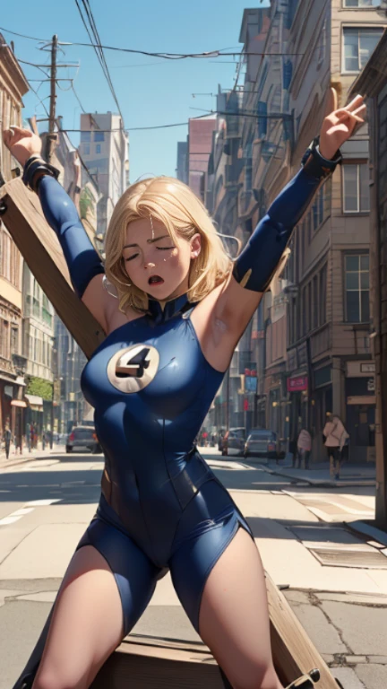 (Highly quality, masterpiece, detailed), city detailed scenario, city detailed background, (x shaped pasting stand), ((hands up, spread hands, in stocks pose:1.4)), 1girl, Susan Storm, blue eyes, blonde hair, full body blue bodysuit, sleeves, perfect face, big breasts, (number '4' logo on chest:1.1), (shut closed eyes, tears:1.1), sighing