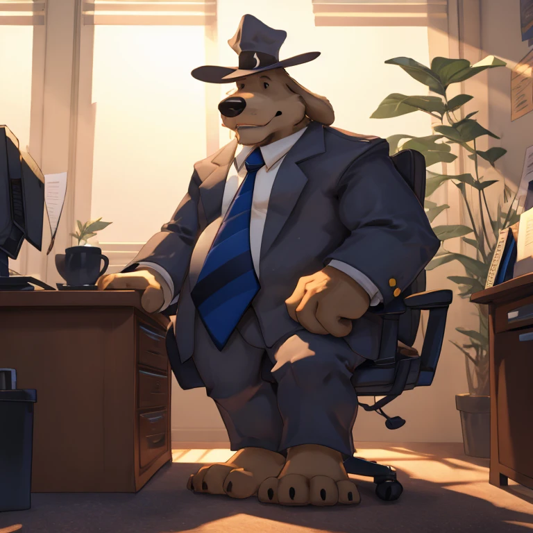 Male, solo, full body, mature, chubby, floppy ears, blue grey suit, hat, blue tie with black stripes, black dot eyes, sitting in chair, at desk, coffee mug on desk, in office, three-quarter angle