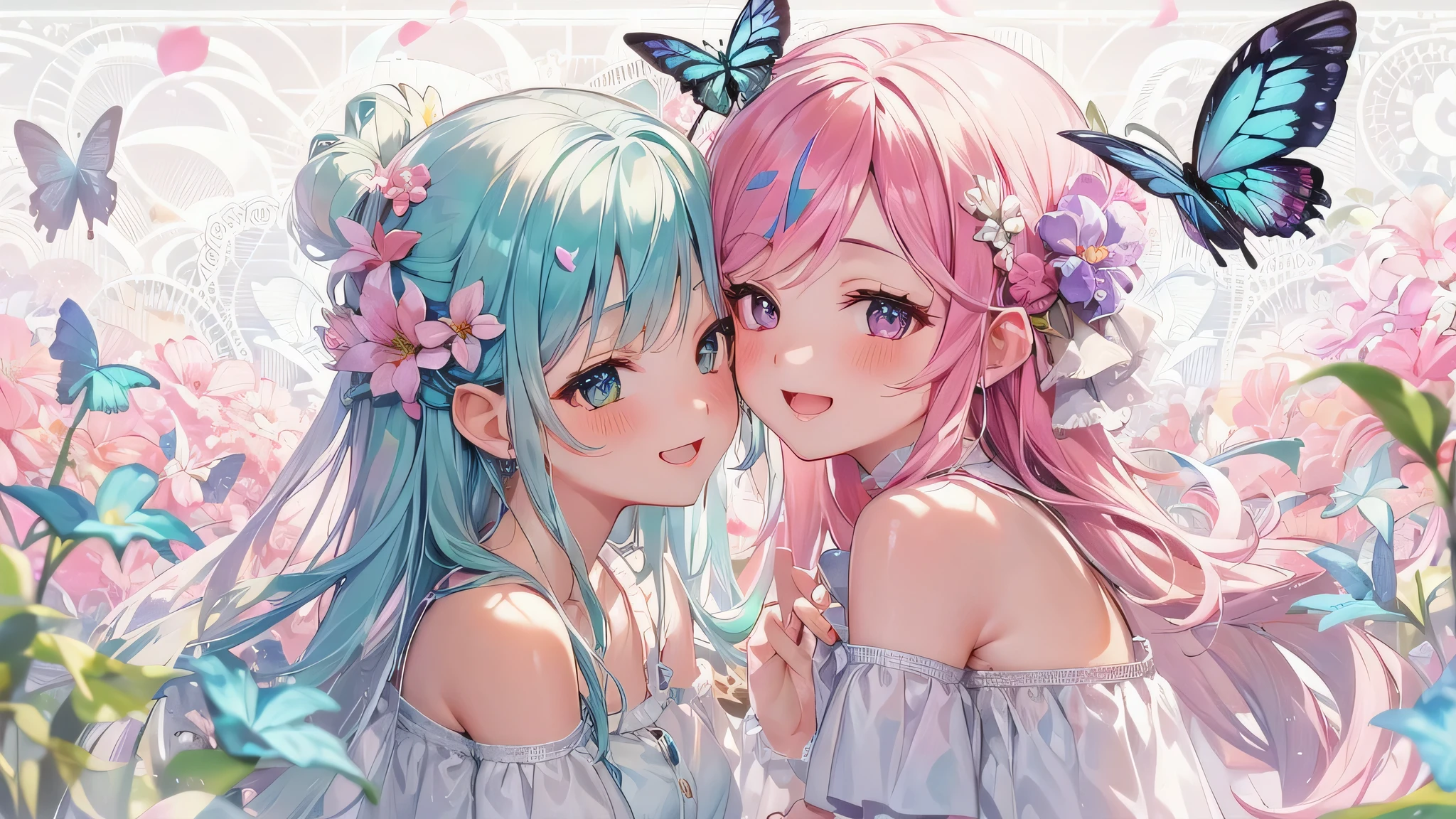 Two pure and innocent girls,、2 people(One with pink hair、1 Name Light Blue Hair)、Cute face、Beautiful Eyes、topless、Nipples、Natural beauty、Warm sunshine、Wildflowers swaying in the breeze々Surrounded by、Enjoying time in the fields。Butterflies and birds fly around her、Creates a playful atmosphere。