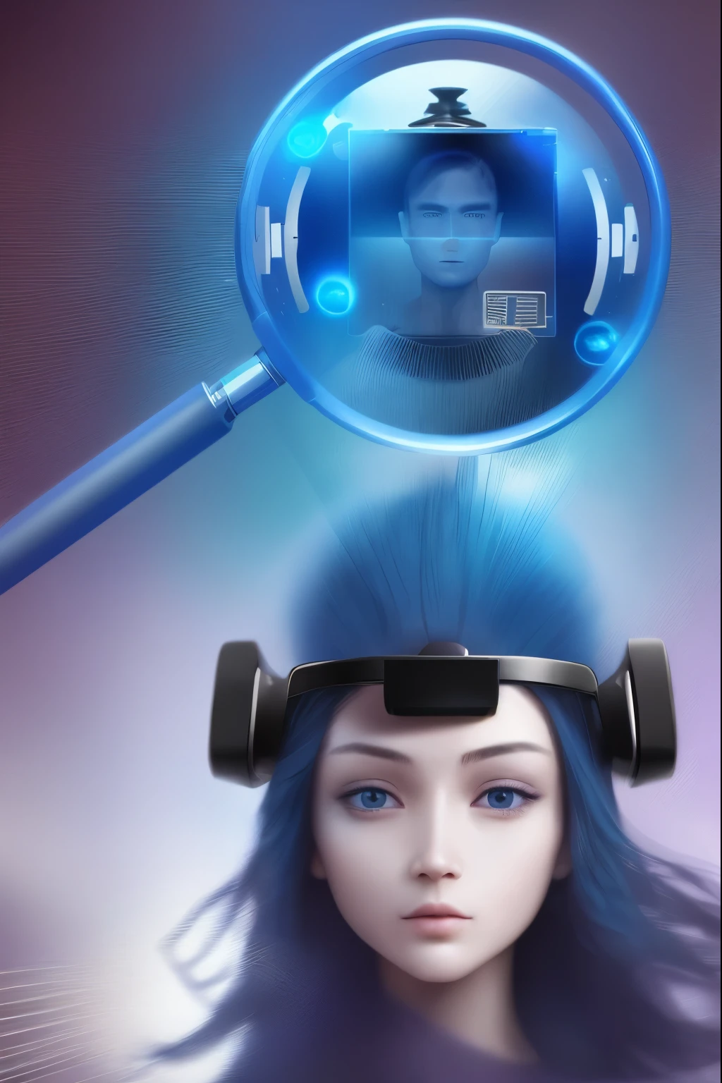 ((deep blue background)) ,(best quality, masterpiece),magnifier，Face Scanning，Technology，Virtual Reality，Light