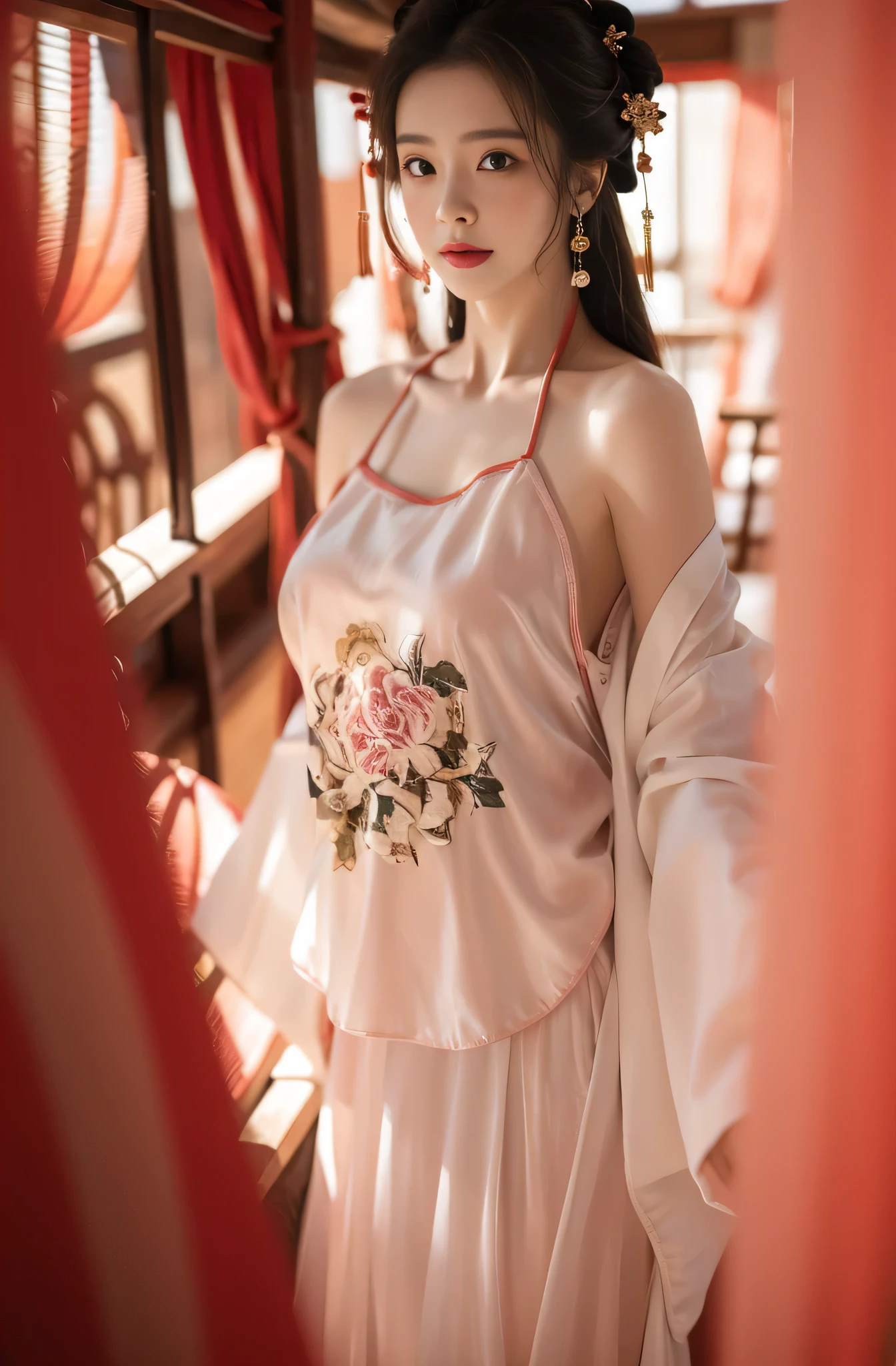 1 girl，(best quality, masterpiece:1.2), Super detailed，Solo selfie，Off-shoulder dress,Chinese Princess, (Pink belly pocket） ( Hanfu：1.3, )，Vision，Background Bokeh