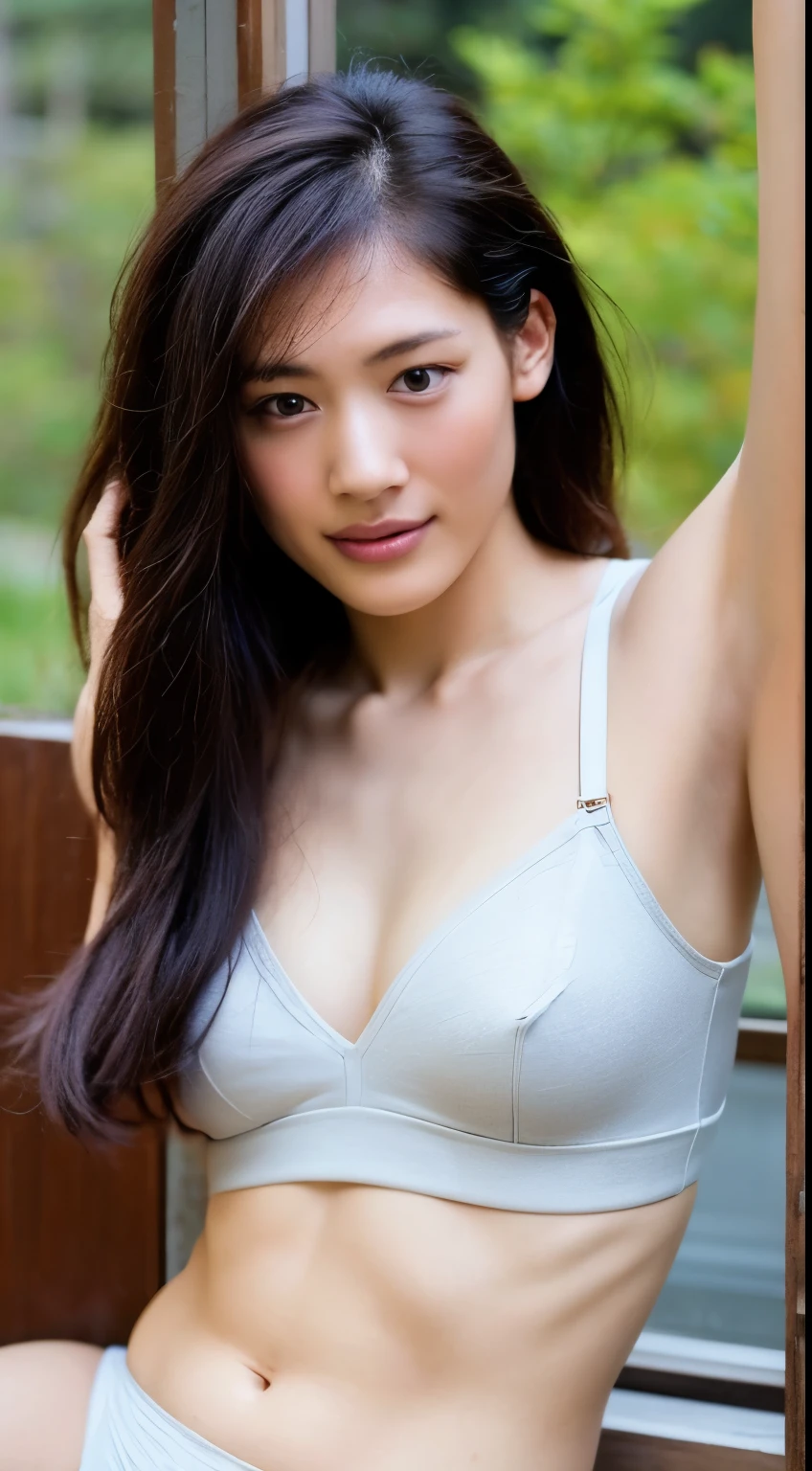 super high quality, 8k, High-quality texture, Ray Tracing, Well-defined shadows, Mature Woman, Full body shot of fully nude body, great textured skin, beautiful, Brown eyes, Black Hair, Very fine grain, Very knowledgeable, Ponytail Hair, The body is a little full, Beautiful, pointy, medium-sized breasts, Round medium sized butt, fleshy thighs, panturrilha beautiful, Beach top bra and red brazilian thong panties, Forest Background, She is sitting on a mossy wooden log, Sunlight illumination, Nikon D850 Film Stock Photos by Lee Jeffries 4 Kodak Portra 400 F1.6 camera lens colors, Ultra-realistic textures, Dramatic lighting, ArtStation Cinestill 800 Unreal Engine Trends, Sensual smile