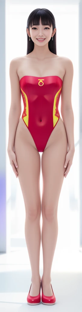 On a white background,A tall and beautiful Chinese girl,with fair skin,Toothy smile,A big smile,When you laugh, Your eyes are crescent-shaped,blunt bangs, long straight hair,Wear a one-piece swimsuit and pumps,Swimsuits are decorated with joyful patterns, Stand up straight,Stand upright,hands on sides,Symmetrical distribution,Ray tracing,All shaded areas,No windows, Soft lighting, Warm light, flood light, no lights on the top, Studio light, 1.4x Realistic Ultra HD