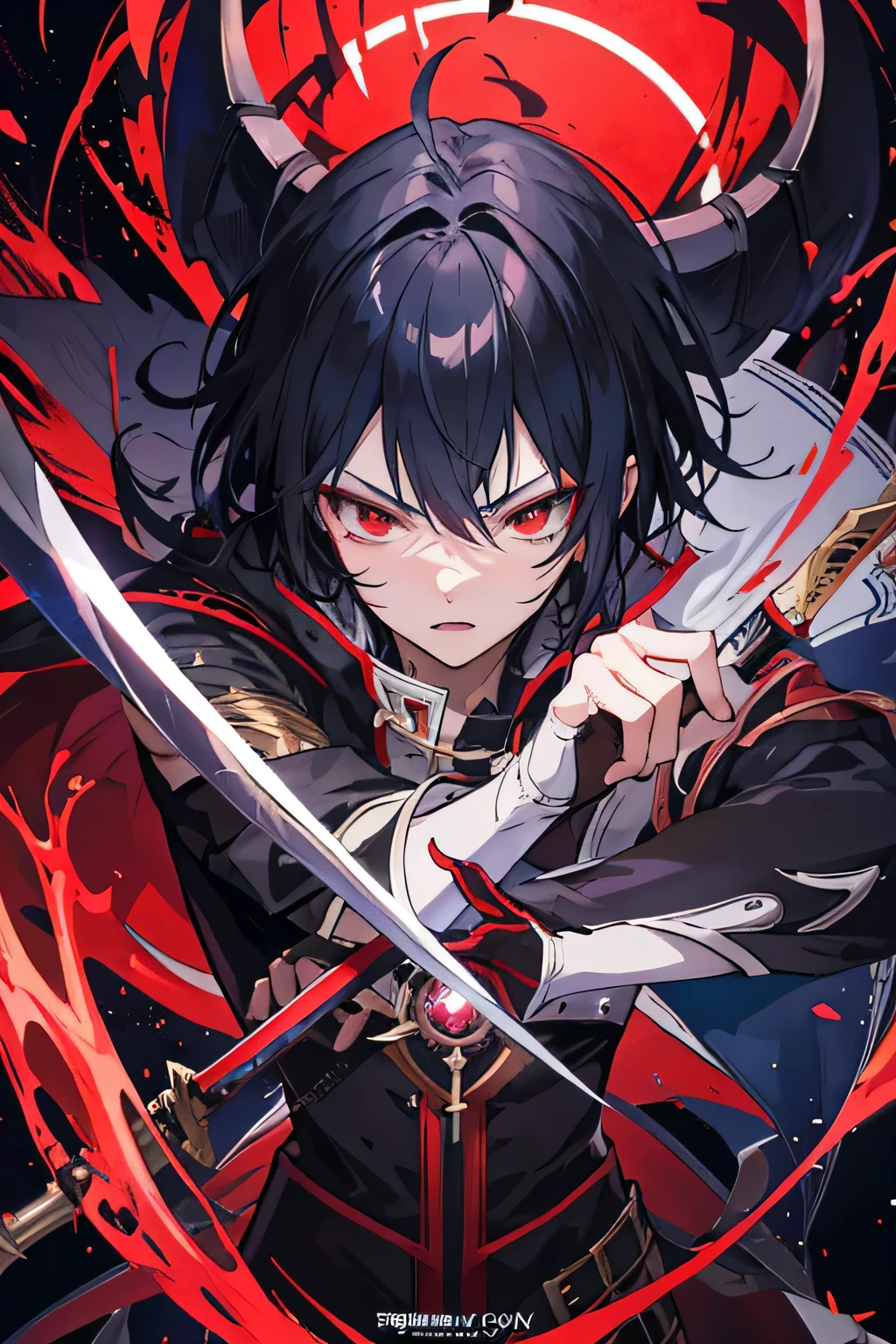 black hair, eyepatch, 20-year-old young man, Red eyes, whole body, male, short hair, swordsman, darkness, Er Dao Liu, black clothes