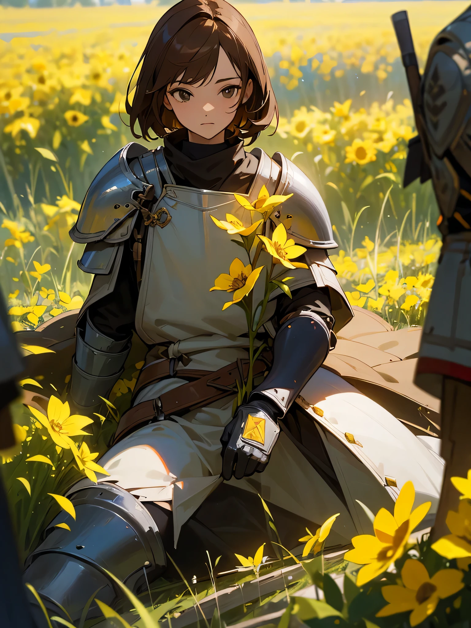 (masterpiece, best quality),cinematic composition, letterboxed, depth of field, solo focus, knight sitting in a field of yellow flowers with resting on the ground, gloves, yellow flower, black gloves, knight armor, fantasy, sunlight, brown hair, black eyes, looking at viewer