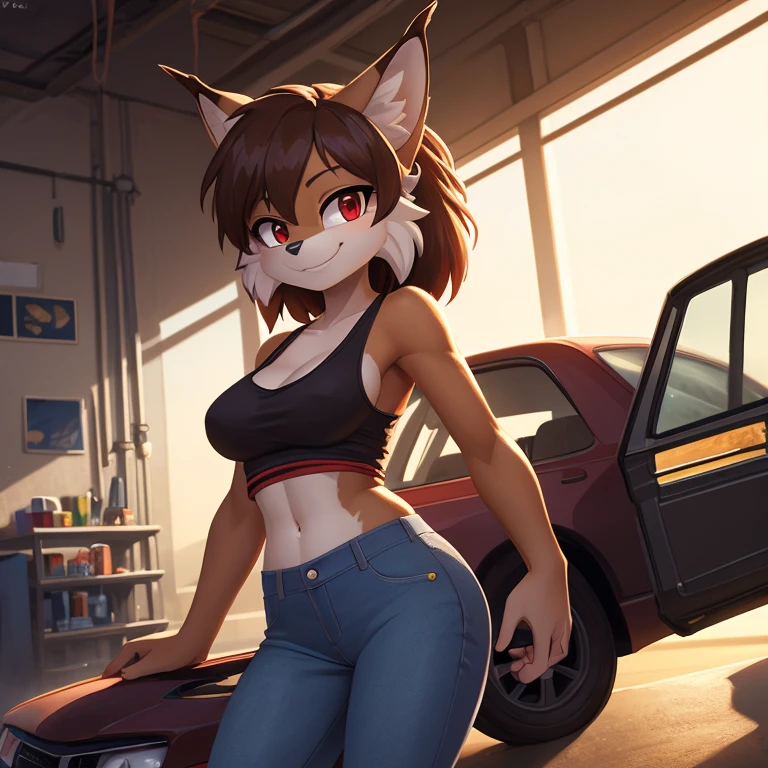 ((masterpiece)), studio quality, highly detailed, extreme detailed, high quality, max detailed, anime, masterpiece, soft lighting, very detailed, detailed background, HD, intricate details, highlights, detailed shadows, anime, mobian, 1girl, lynx, attractive, gorgeous body, medium breast, dark skin, red eyes, brown medium hair, red tank top, jeans, car repair shop, smile,