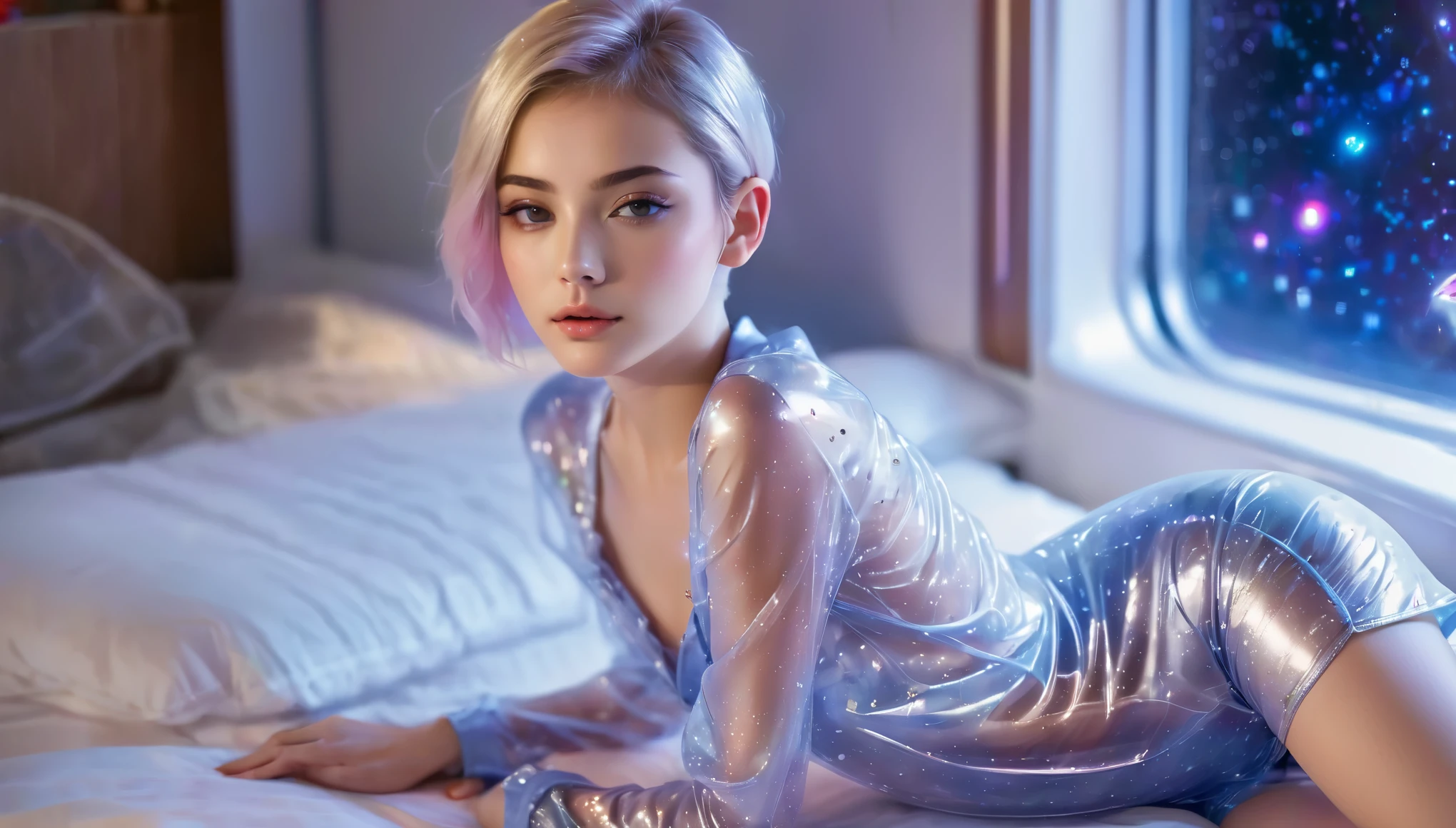 Top Quality, Masterpiece, High Resolution, 8k, (cute girl in a shiny see through pajamas with small breasts, small hips), beautiful detailed lips, extremely detailed face and eyes, side cut hair, short sleeves, shiny, transparent, see-through pajama with shorts, pixie side shaved hair, in a spaceship, on the bed