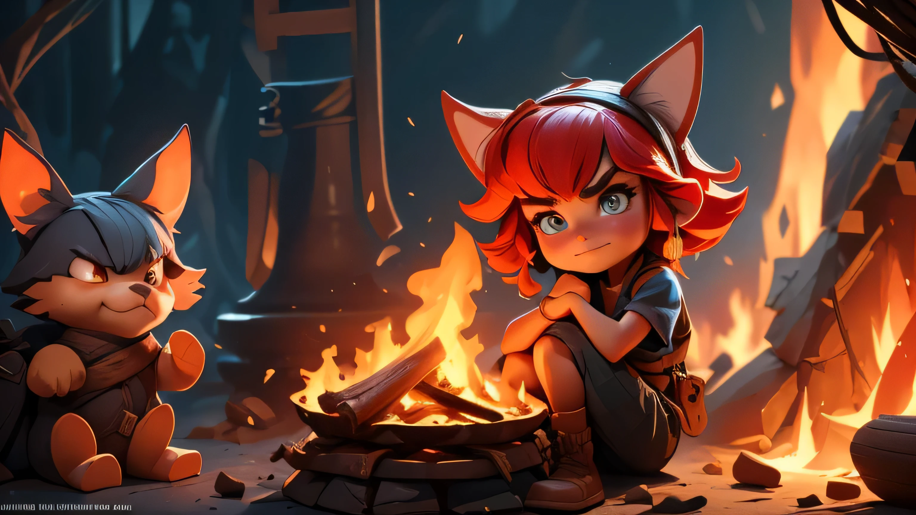 Campfire: Annie sitting in front of a wood fire, burning log, crackling flames, heat of fire, glowing embers, flickering light, shadow, flickering smoke, warm glow of the campfire, scoundrel’s gaze, prepared warrior, sad and war emotion. (best quality, 16k, masterpiece: 1.2) ultra-detailed, (realistic, photorealistic, photo-realistic: 1.37), 