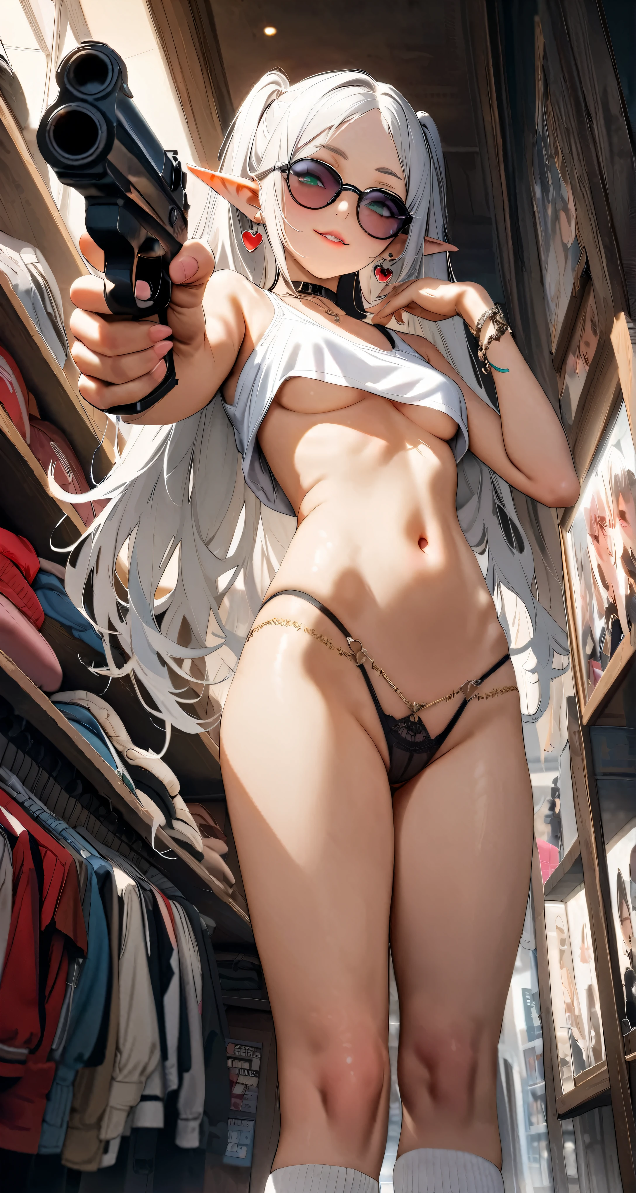 high-key and low-variance brightness scale,soft light,realistic light and shadow, light and dark interlaced,(from below:1.3),underboob focus,(aiming at viewer:1.4),looking at viewer,dramatic angle,(solo:1.6)
(masterpiece),(best quality),(highres),(by famous artist),(((official art))),(by Paul Hedley),(illustration),
1girl,(frieren:1.6),(elf:1.4),fashionable female
(small breasts:1.3),(underboob:1.5),(whole body),(round face),(pointy ears),(slim legs),(skinny body),(detailed beautiful face),lustrous skin,shiny skin,(articulated fingers),navel,midriff,thick lips
(white tank top:1.4),(thong:1.4),(frayed denim shorts),(white socks),(sport shoes),(off shoulders),(belly chain),belt,hair ornament,heart-shaped earrings,silver bracelet,black choker
indoor,(clothing store:1.4),(multiple clothes),small items on display,various accessories,jewelry,earrings,makeup,collarbone necklace,headpiece,
((seductive smile)),blush,((standing)),(holding pistol:1.4),
(sunglasses:1.2),(green eyes)
(white hair),long hair,twintails,parted bangs,(reflective hair),