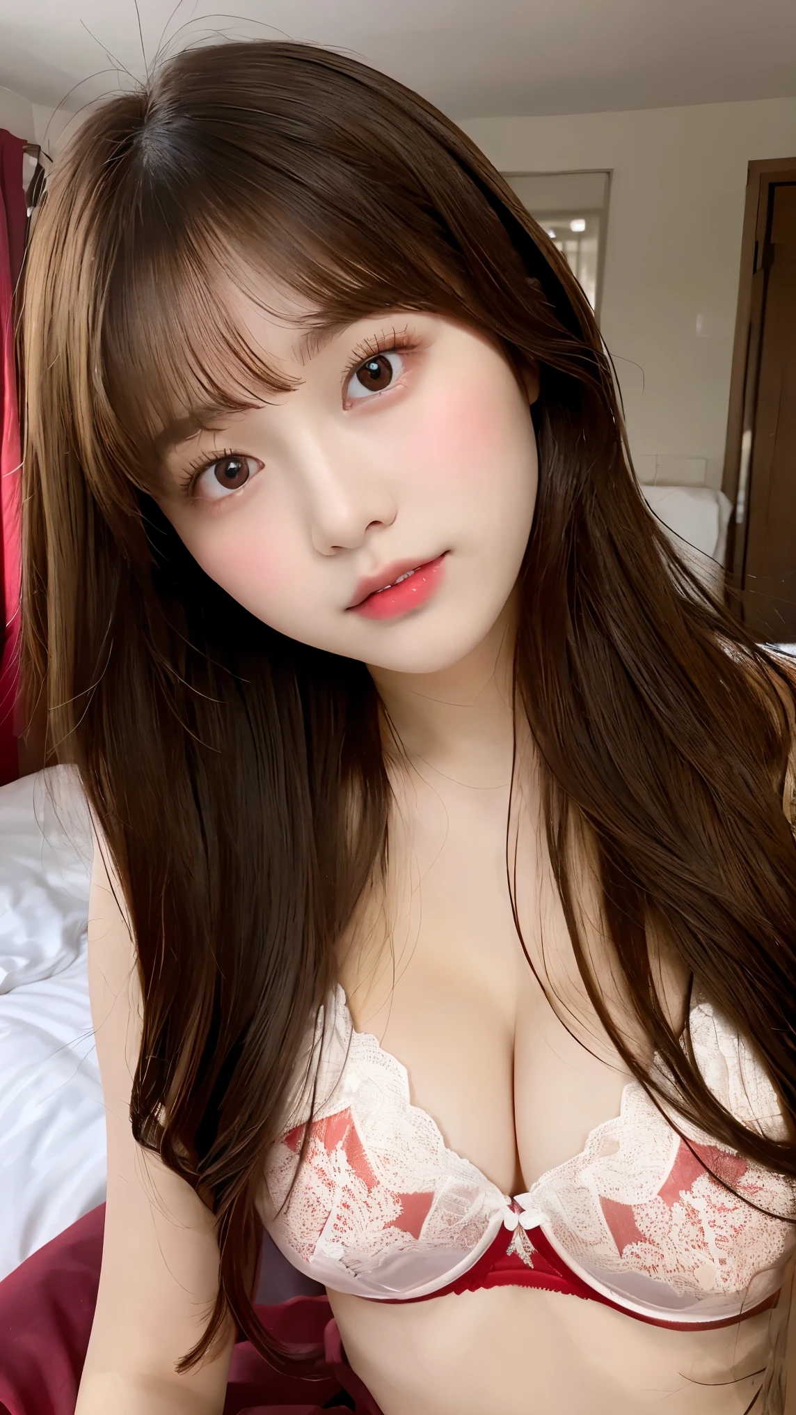 (masterpiece、high resolution、high quality、Ultra-high resolution、Delicate、16k、)1 high school girl、brown hair、Long Hair、clear eyes、Dense lips、Glowing Skin、Red underwear、Inside the house、My Room、Bed、