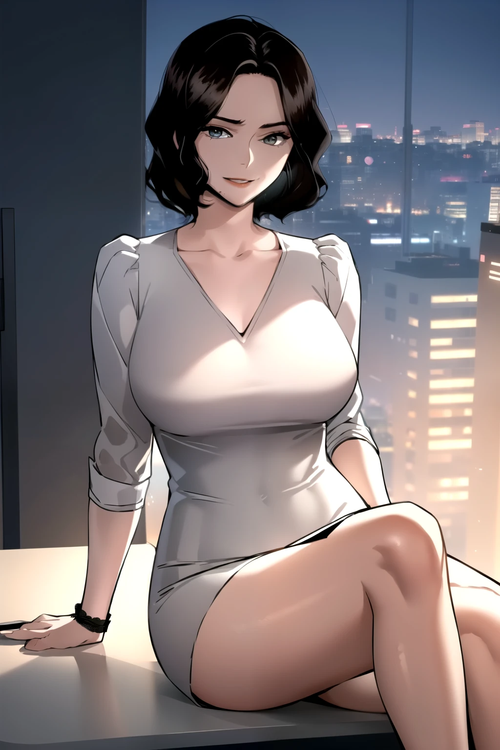 masterpiece, best quality, perfect anatomy, beautiful background, beautiful face, beautiful eyes, full body, shin jiye, 1girl, solo, smiling, sexy, short hair, large breasts, office lady, black hair, lying down on office table,wide hip, legs crossed, collarbone, mole, lips, mole under mouth, deep neckline, close up breasts, from side, looking at the viewer
