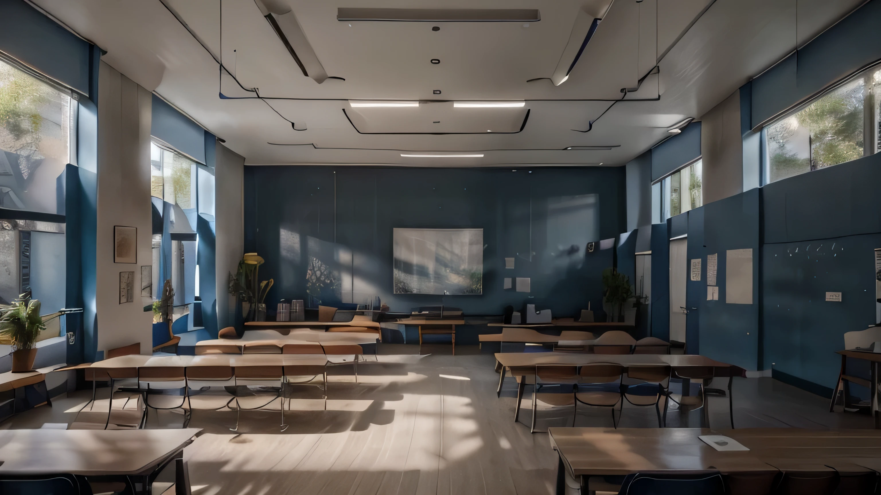 classroom, elementary school, dark blue and white wall, eye camera angle, Benches and chairs are lined up neatly facing the front