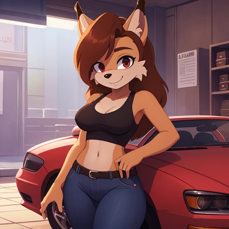 ((masterpiece)), studio quality, highly detailed, extreme detailed, high quality, max detailed, anime, masterpiece, soft lighting, very detailed, detailed background, HD, intricate details, highlights, detailed shadows, anime, mobian, 1girl, lynx, attractive, gorgeous body, medium breast, dark skin, red eyes, brown medium hair, red tank top, jeans, car repair shop, smile,