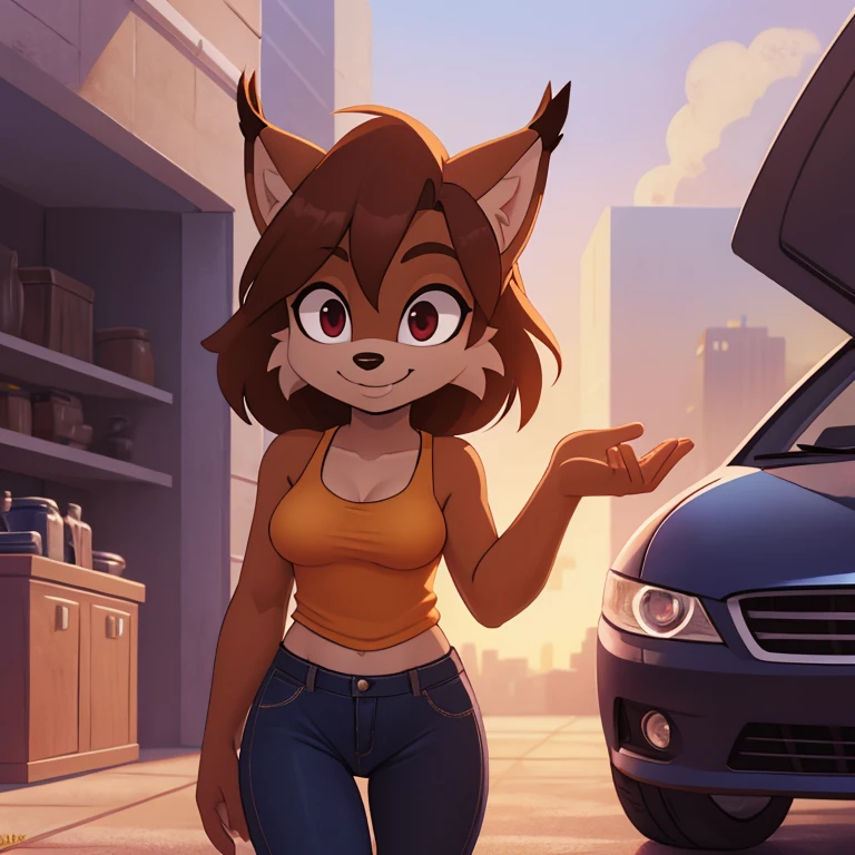 ((masterpiece)), studio quality, highly detailed, extreme detailed, high quality, max detailed, anime, masterpiece, soft lighting, very detailed, detailed background, HD, intricate details, highlights, detailed shadows, anime, mobian, 1girl, lynx, attractive, gorgeous body, medium breast, dark skin, red eyes, brown medium hair, red tank top, jeans, car repair shop, smile,