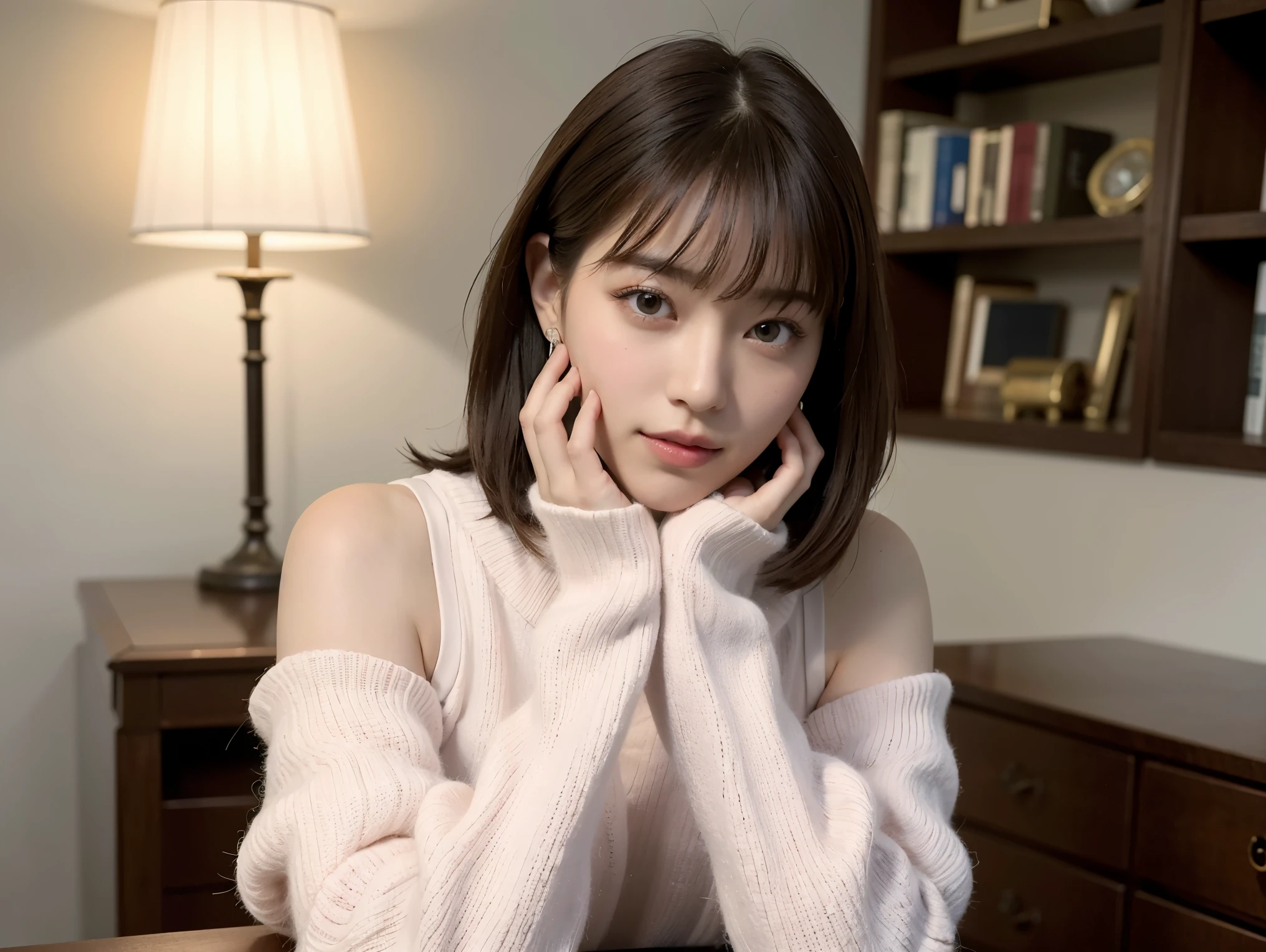 (No sleeve:1.3) beautiful, thin, Fair Arms　Pureeros　(super highest quality:1.3) (Very realistic, Photorealistic:1.3), (Sharp focus:1.3) Pure　(Sharp focus:1.3) The background is wide々and a luxurious living room　Bookshelf　Three-dimensional　beautifulグラデーション　  A gentle smile that looks fun　very high quality and stylish　See-through bangs　　Elegant and intelligent　neat and stylish　excellent education　Women's Fashion Magazine　model　　 (Realistic and very high quality:1.3). (High resolution/High resolution:1.3)　　Tabletop, とても繊細でbeautiful, Soft Light, (brown hair, Shoulder-length straight bob hair)  beautiful詳細な***, highly detailed eyes and face, beautifully detailed nose, thin and beautiful eyes, 1 girl, Japanese, Pureな beauty, cute, young, very stylish　　A spring sweater in spring-like colors　very stylish　supported by women　Trending Fashion　, (Medium chest), Realistic Face, Realistic body, 