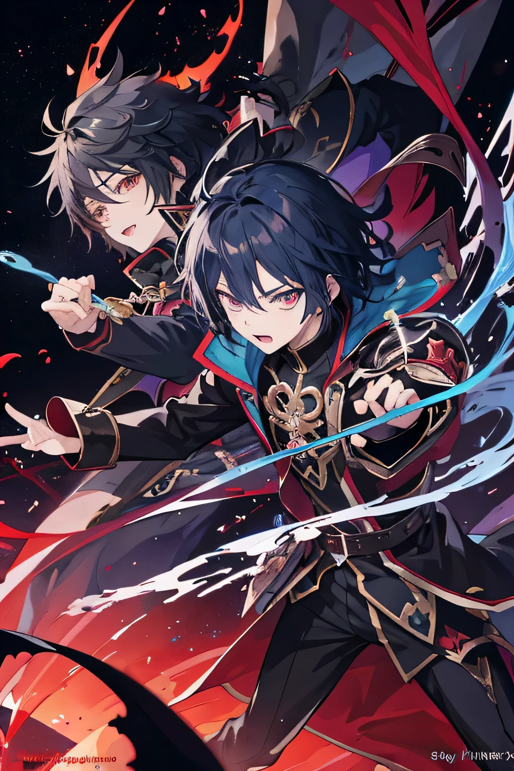 Anime boy fighting a dragon, shadow young wizard, Epic anime style, anime key artโดยละเอียด, Shadowverse style, Fantasy style anime, Demon Man, anime key art, conjunctivitis, black hair, chief'uniform,Fencing,