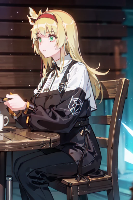 Girl sitting on chair outside coffee shop, (Big coffee shop:1.4), (Wooden chair:1.4), (table:1.4), Drinking coffee, (Coffee Mugs:1.4), Thick body, (Long blonde hair:1.4), Green Eyes, High resolution (High Dynamic Range), Ray Tracing, NVIDIA, Super Resolution, unreal 5, Scattered beneath the surface, PBR texturing, Post-processing, Anisotropic Filtering, Depth of written boundary ,Maximum clarity and sharpness, Multilayer Texture, Albedo and Specular Maps, surface shading, Accurate simulation of light-matter interactions, Octane Rendering, two tone lighting, Low ISO, White balance, Three-part method, wide aperture, 8K RAW, Efficient Subpixel, subpixel convolution, (Luminous Particles:1.4), {{masterpiece, highest quality, Highly detailed CG, unity 8k wallpaper, 3D, Cinema Lighting, Lens flare}}, tukimichi_spider