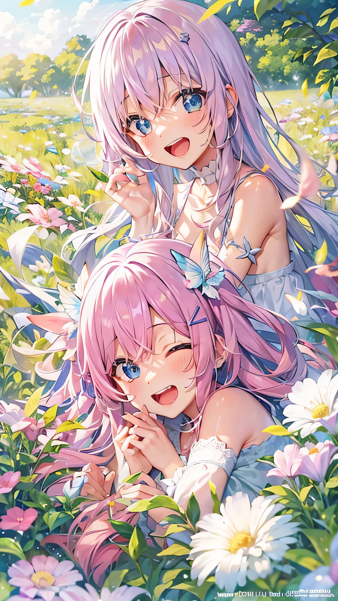 Two pure and innocent girls,16 years old、2 people(One with pink hair、1 Name Light Blue Hair)、Cute face、Beautiful Eyes、topless、Nipples、Natural beauty、Warm sunshine、Wildflowers swaying in the breeze々Surrounded by、Enjoying time in the fields。Butterflies and birds fly around her、Creates a playful atmosphere。
