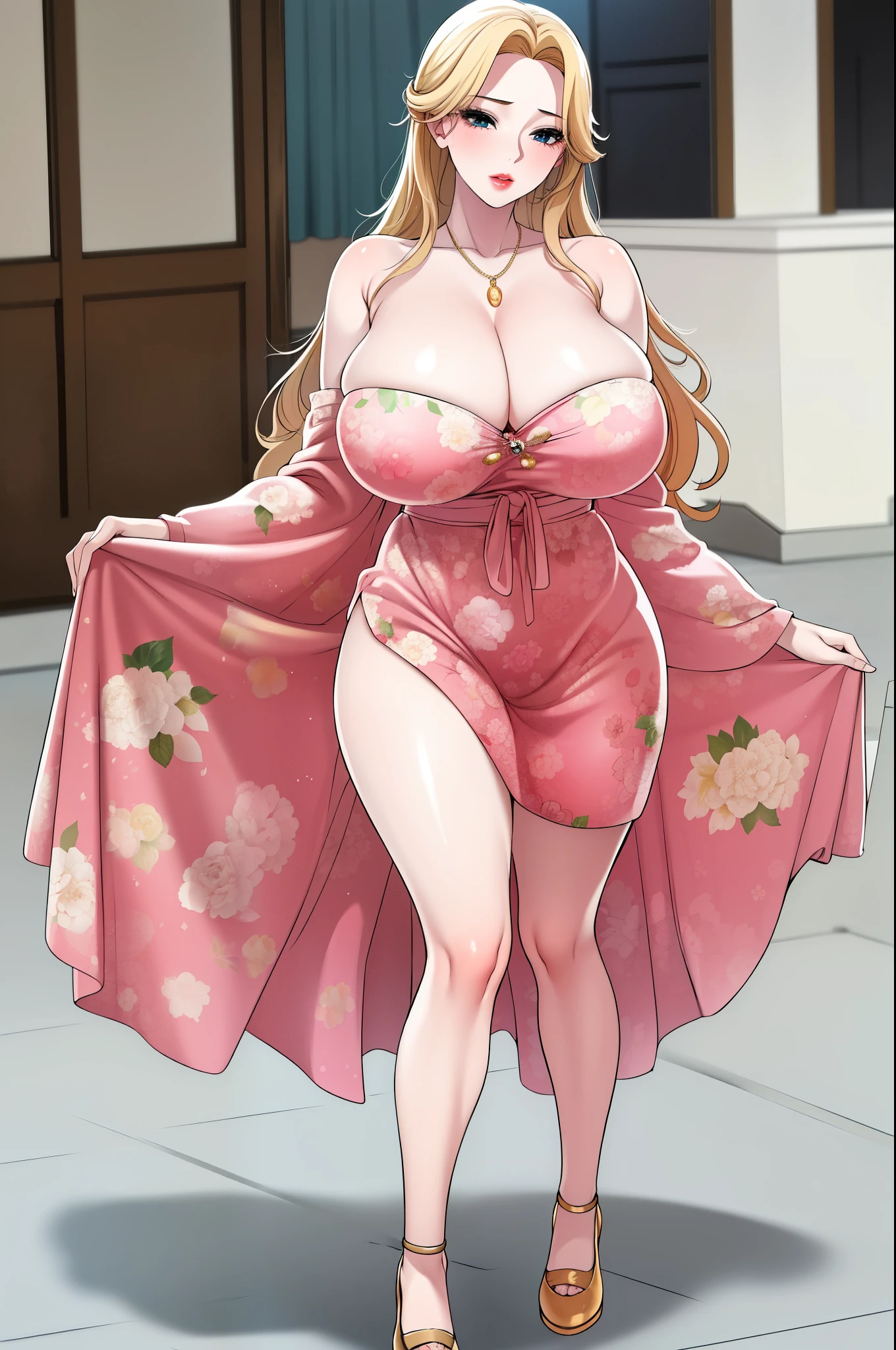 An extremely and insanely beautiful gorgeous pretty cute sexy busty mother with a doll-like face and her extremely bright snow white fair flawless lush shiny skin and complexion and gold open hair blonde hair, hair ornament and flowers and red ribbon on hair, age 23, oceanic stunning shiny big blue eyes, bright pink cheek blushes, brown-black eyelashes, pink puffy lips, pink nails, goddess-like extremely cute sweet smile, face full of life, wearing a gold necklace, gold shiny chain belt on waist, wearing a cute loose soft thin revealing yellow floral robe-like-dress, front open bright pink cardigan low-hanging from the back, white shiny heels, gold bangles, looking at the viewer, walking straight, tight skinny perfect hourglass figure, round wide perfect hips, perfect round plump ass pking out from dress, holding a pink purse, big mansion door in the background, day time, show full body from head to feet.
